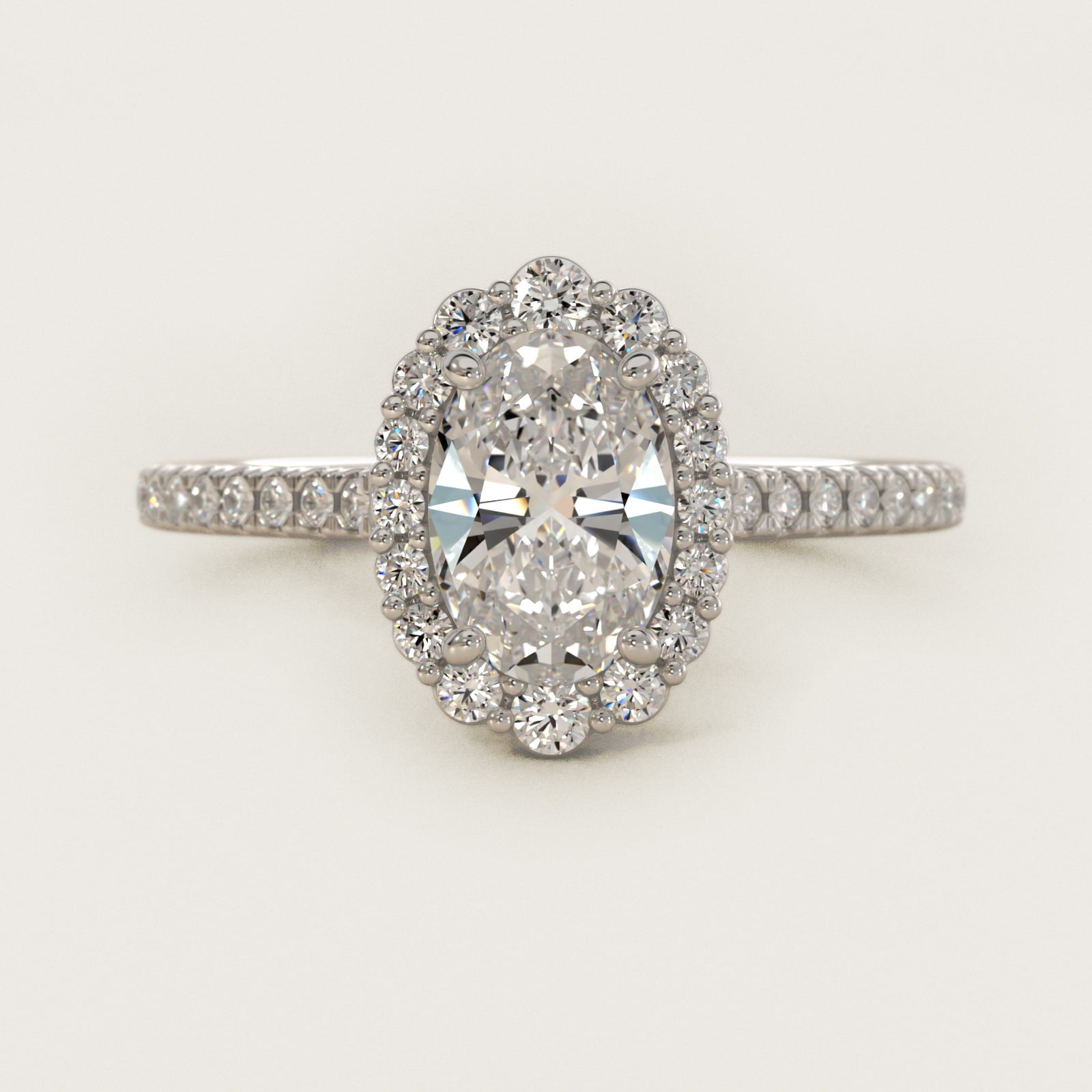 Crescendo Halo Diamond Engagement Ring in 18k White Gold - Oval Center