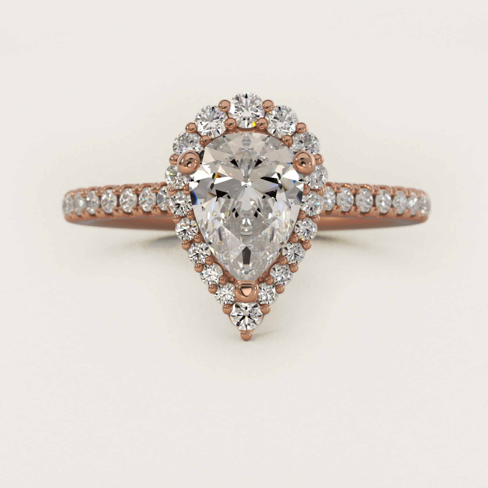 Crescendo Halo Diamond Engagement Ring in 18k Rose Gold - Pear Center