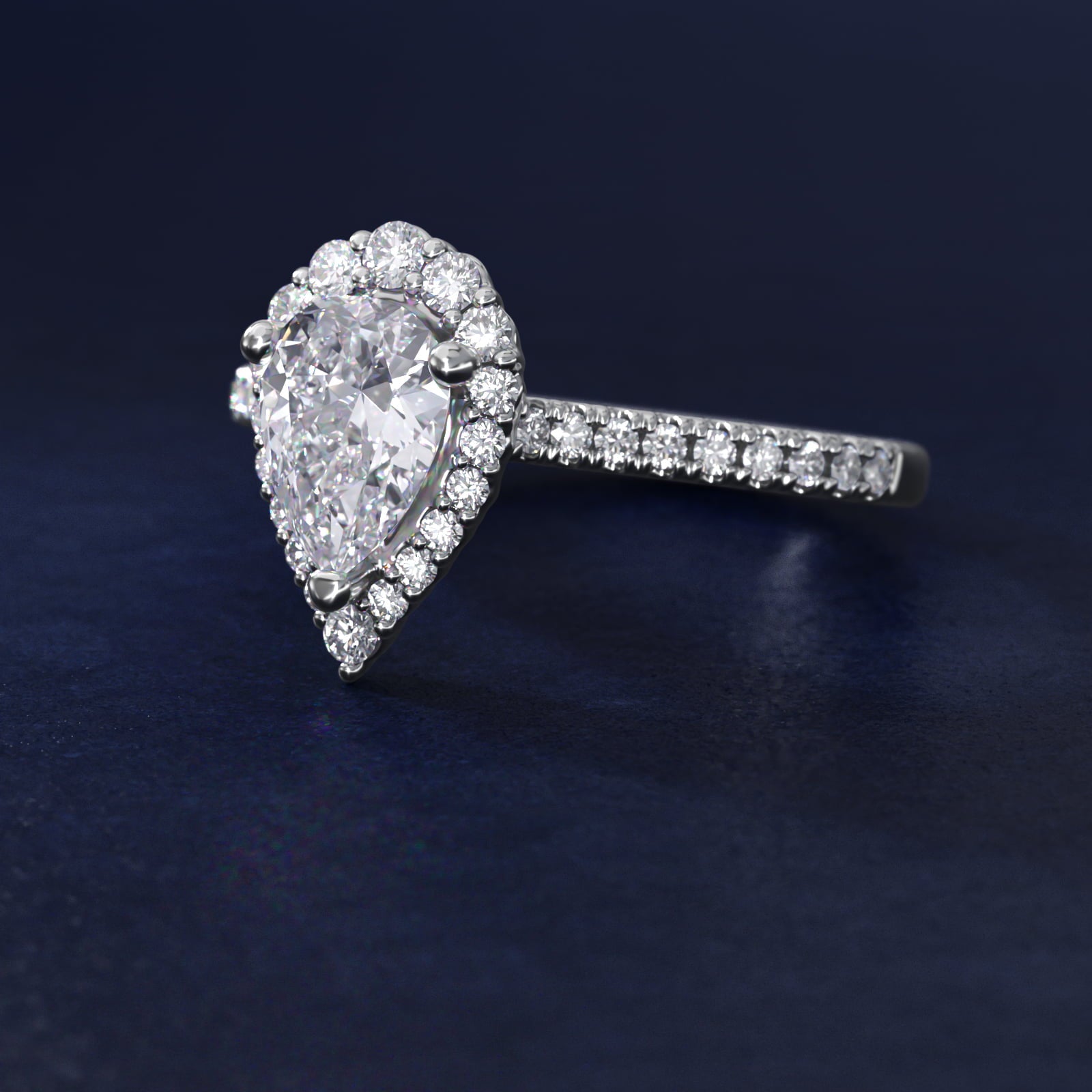 Crescendo Halo Diamond Engagement Ring in 14K White Gold - Pear Center