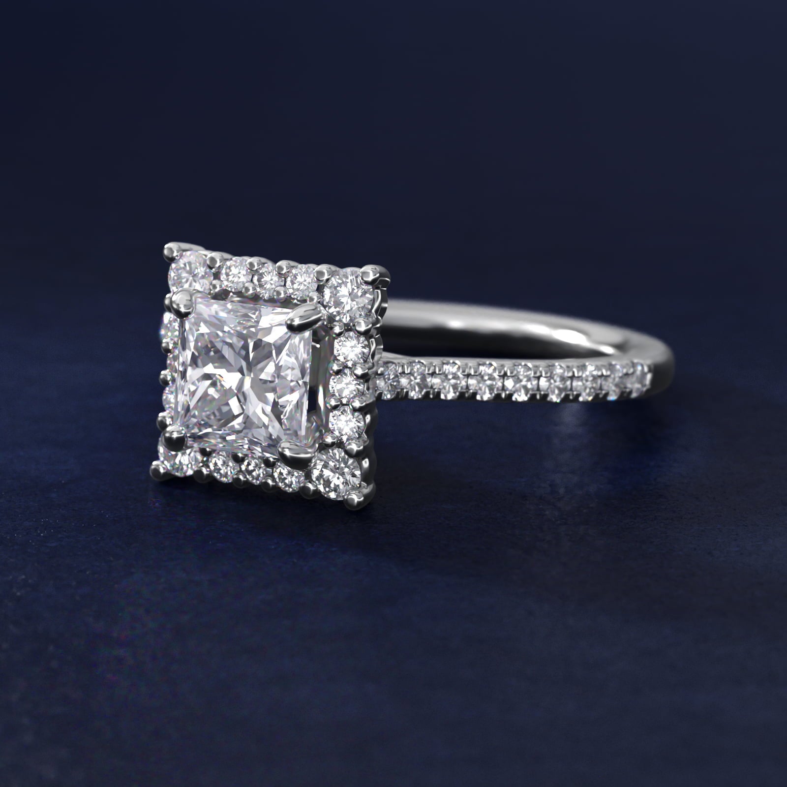 Crescendo Halo Diamond Engagement Ring in 14K White Gold - Princess Center