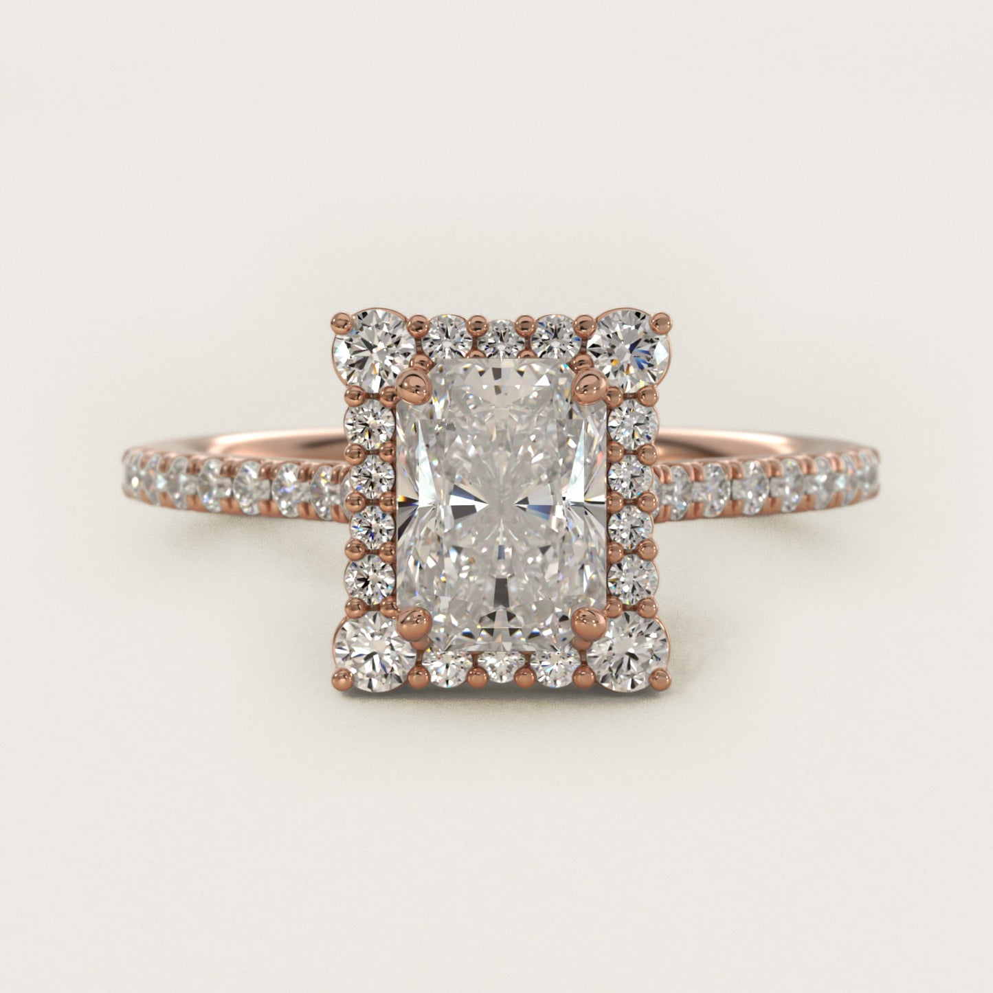 Crescendo Halo Diamond Engagement Ring in 14K Rose Gold - Radiant Center