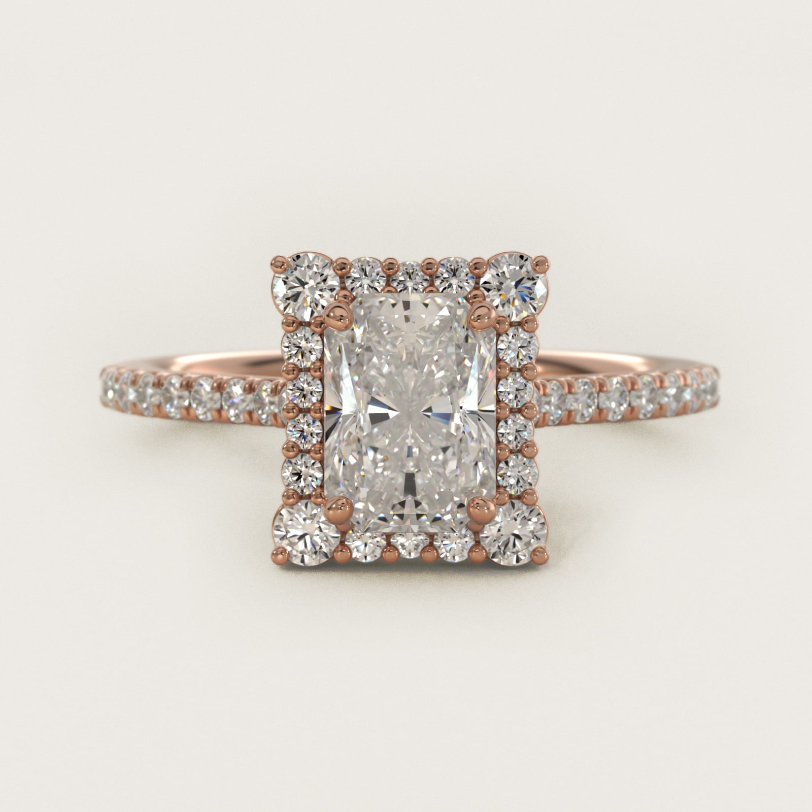 Crescendo Halo Diamond Engagement Ring in 18k Rose Gold - Radiant Center