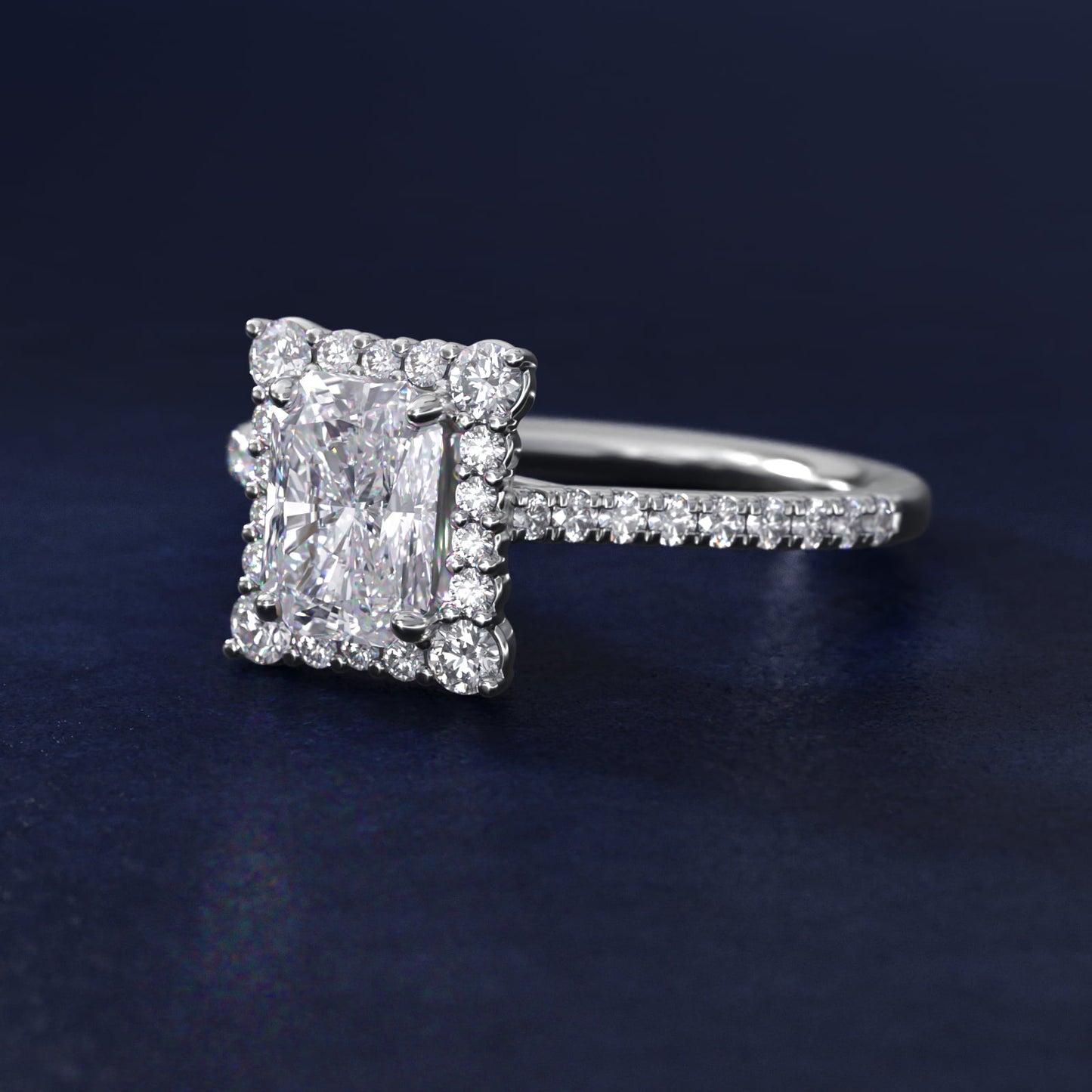 Crescendo Halo Diamond Engagement Ring in 18k White Gold - Radiant Center