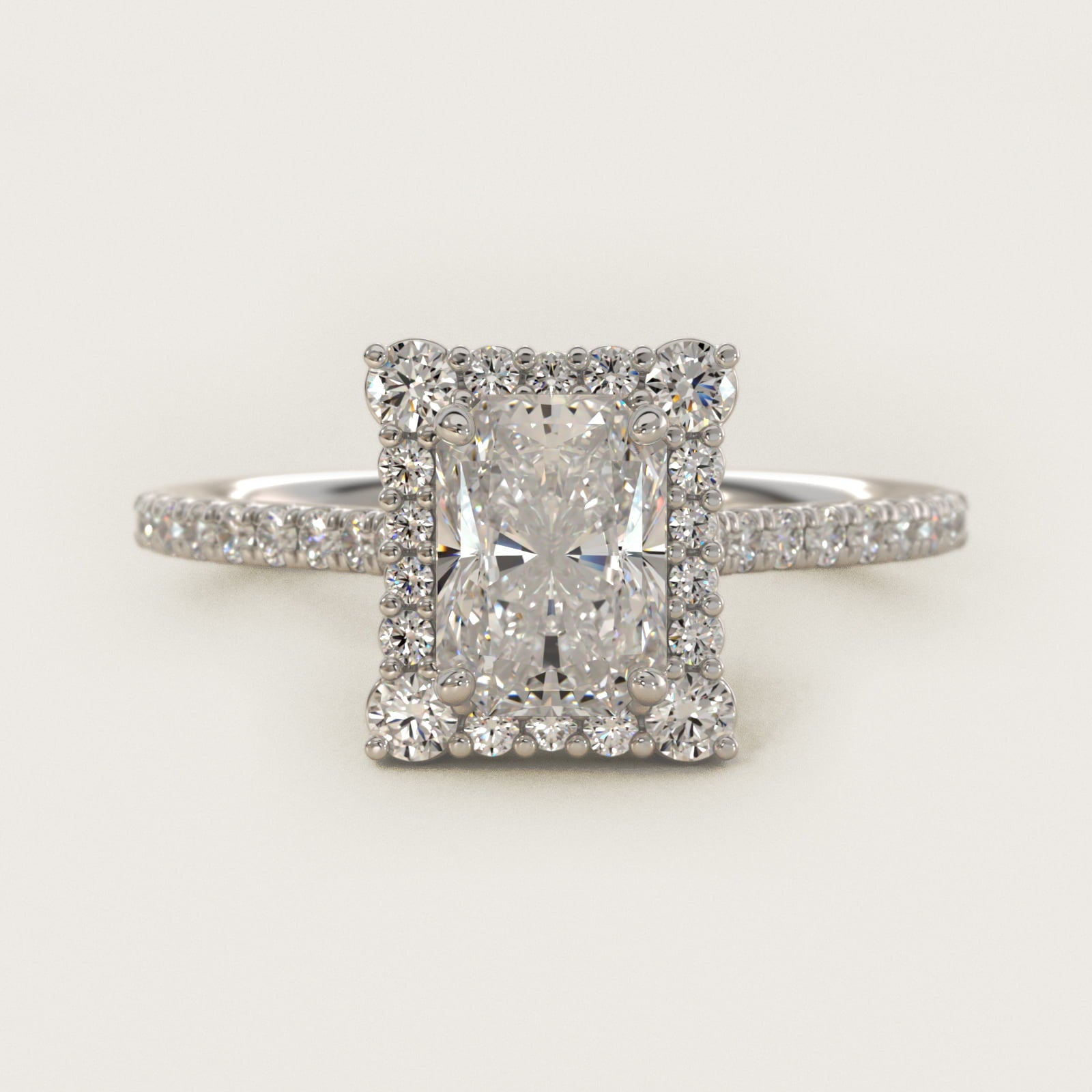 Crescendo Halo Diamond Engagement Ring in 14K White Gold - Radiant Center