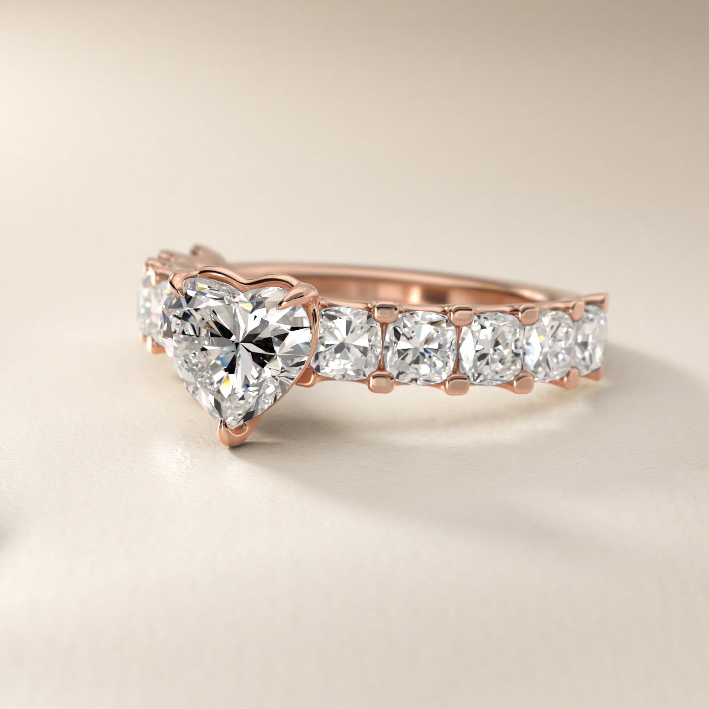 Cushion-Cut Diamond Engagement Ring in 18k Rose Gold - Heart Center