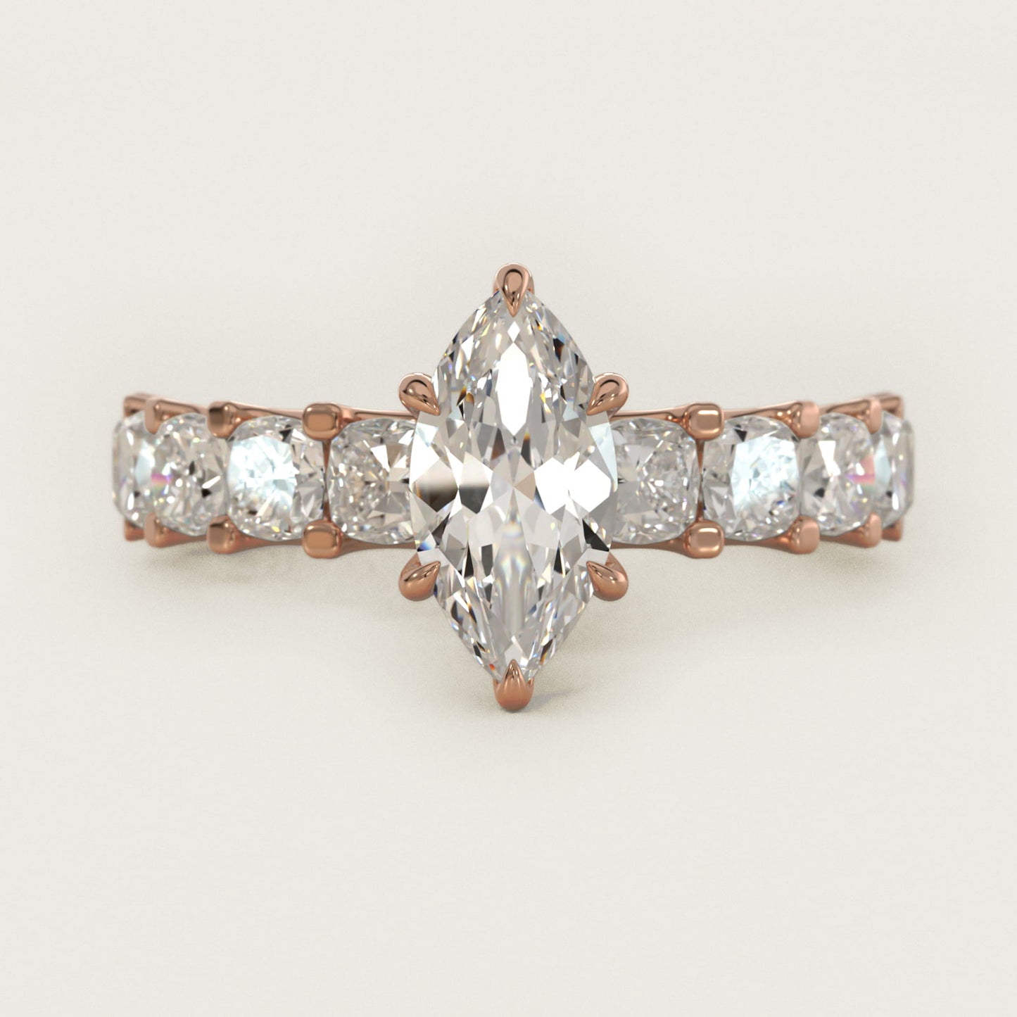 Cushion-Cut Diamond Engagement Ring in 14k Rose Gold - Marquise Center