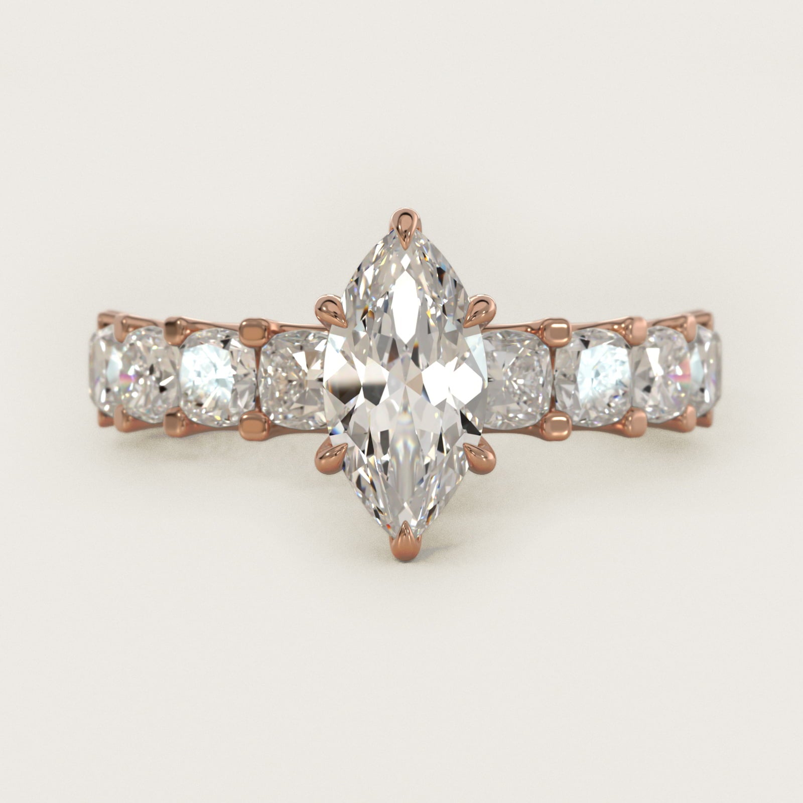 Cushion-Cut Diamond Engagement Ring in 14k Rose Gold - Marquise Center