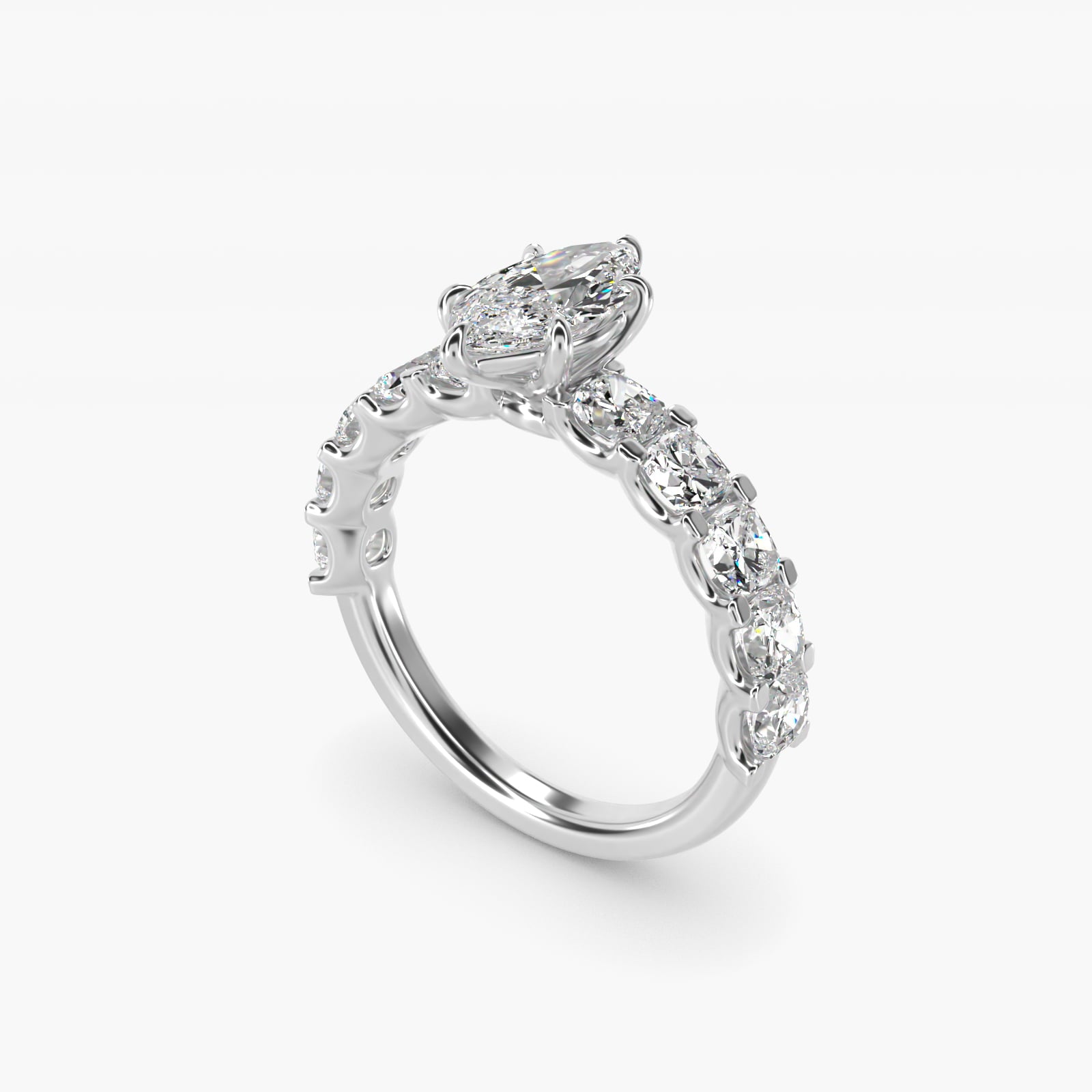 Cushion-Cut Diamond Engagement Ring in 18k White Gold - Marquise Center