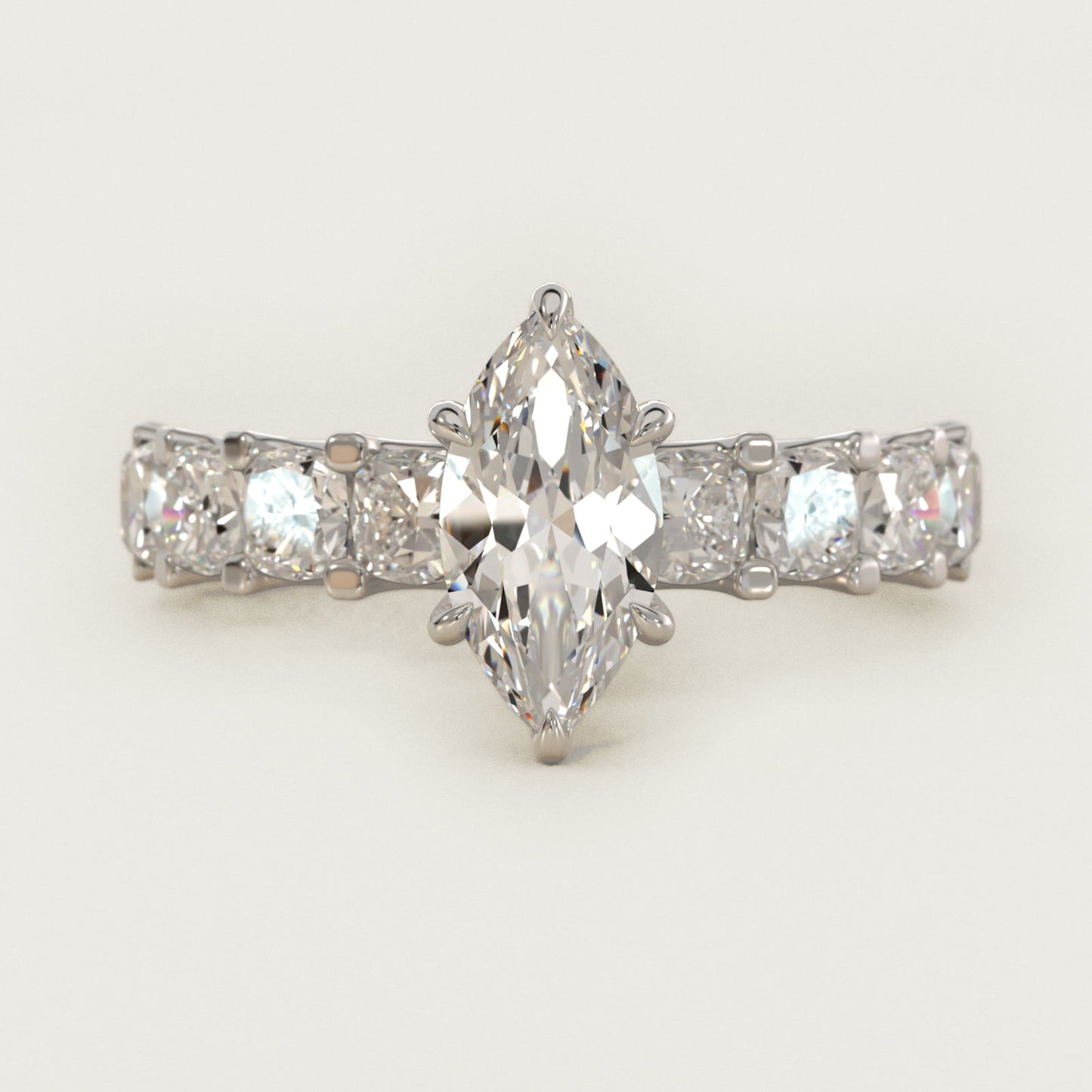 Cushion-Cut Diamond Engagement Ring in 14k White Gold - Marquise Center