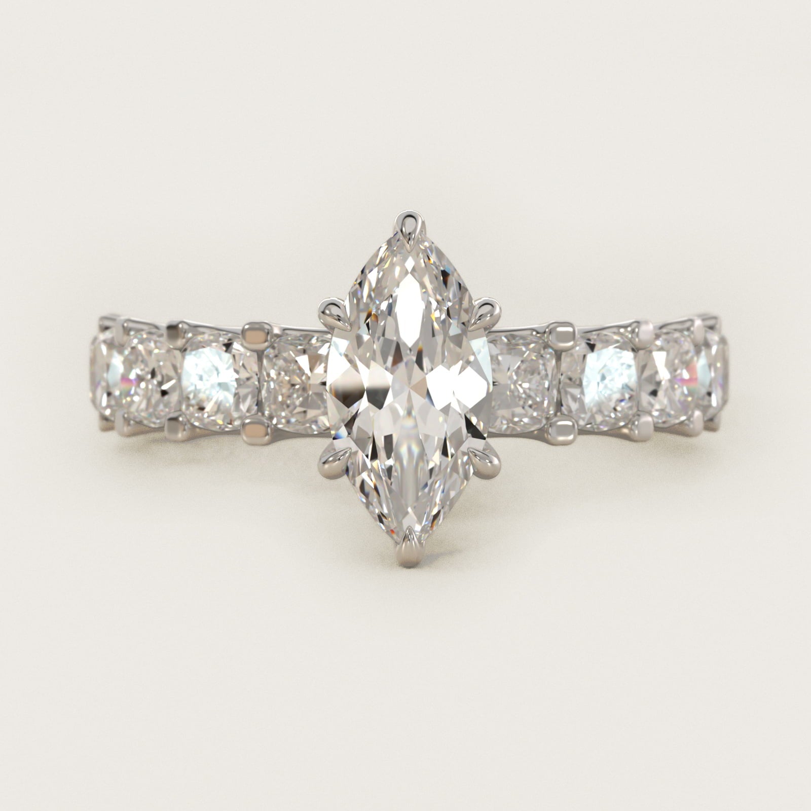 Cushion-Cut Diamond Engagement Ring in 14k White Gold - Marquise Center