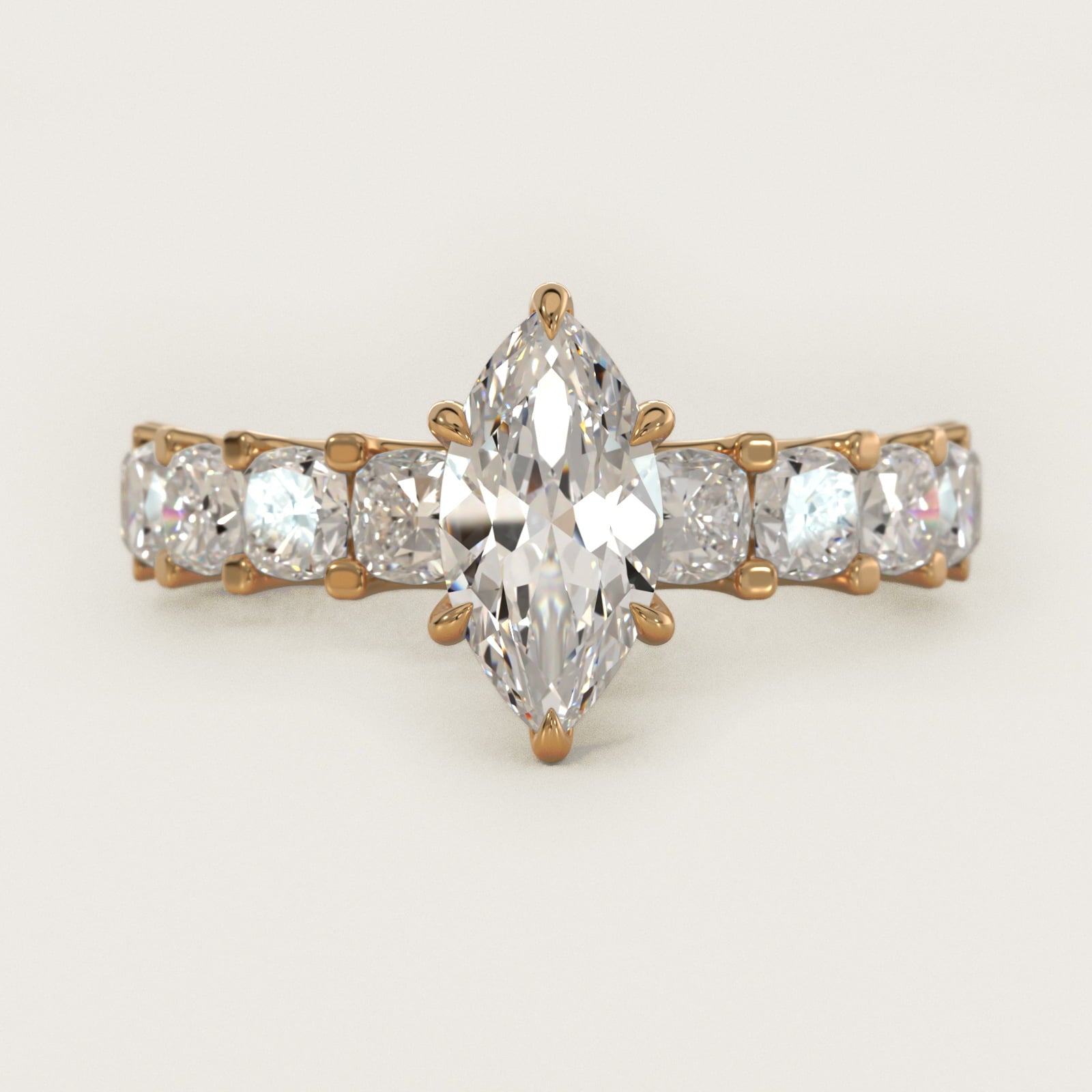Cushion-Cut Diamond Engagement Ring in 18k Yellow Gold - Marquise Center