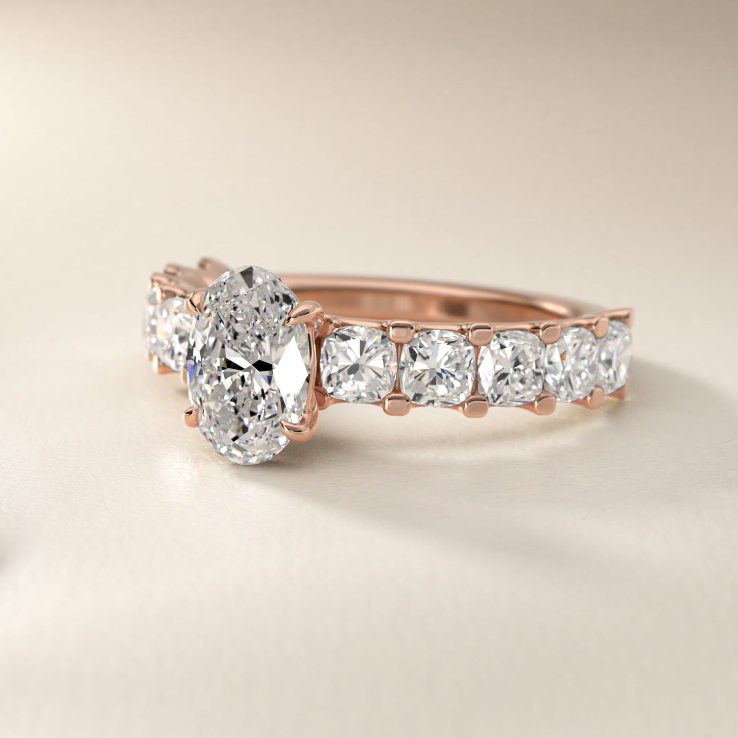 Cushion-Cut Diamond Engagement Ring in 18k Rose Gold - Oval Center