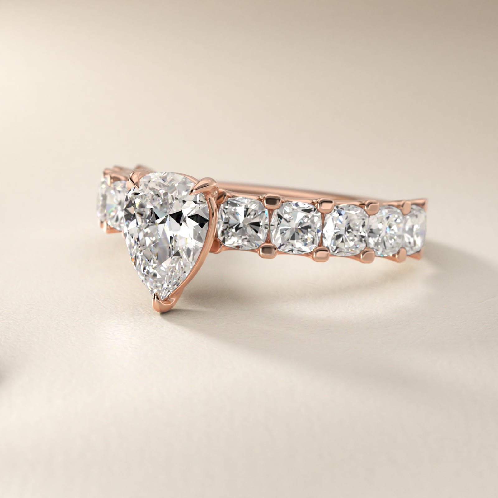 Cushion-Cut Diamond Engagement Ring in 14k Rose Gold - Pear Center