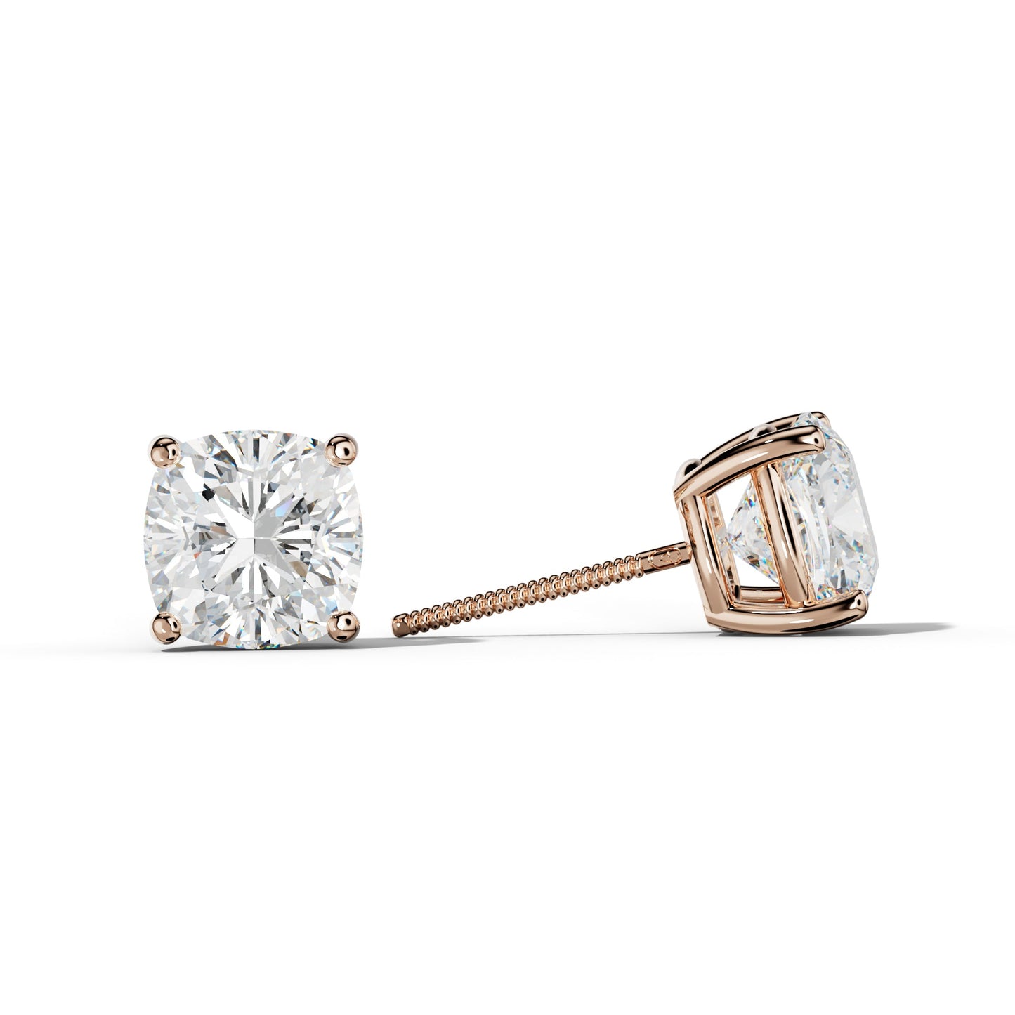 Cushion Diamond Stud Earrings With Classic Four Prongs - 1/2 - 18K Rose Gold