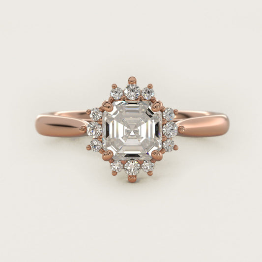 Delicate Ballerina Halo Diamond Engagement Ring in 18k Rose Gold - Asscher Center