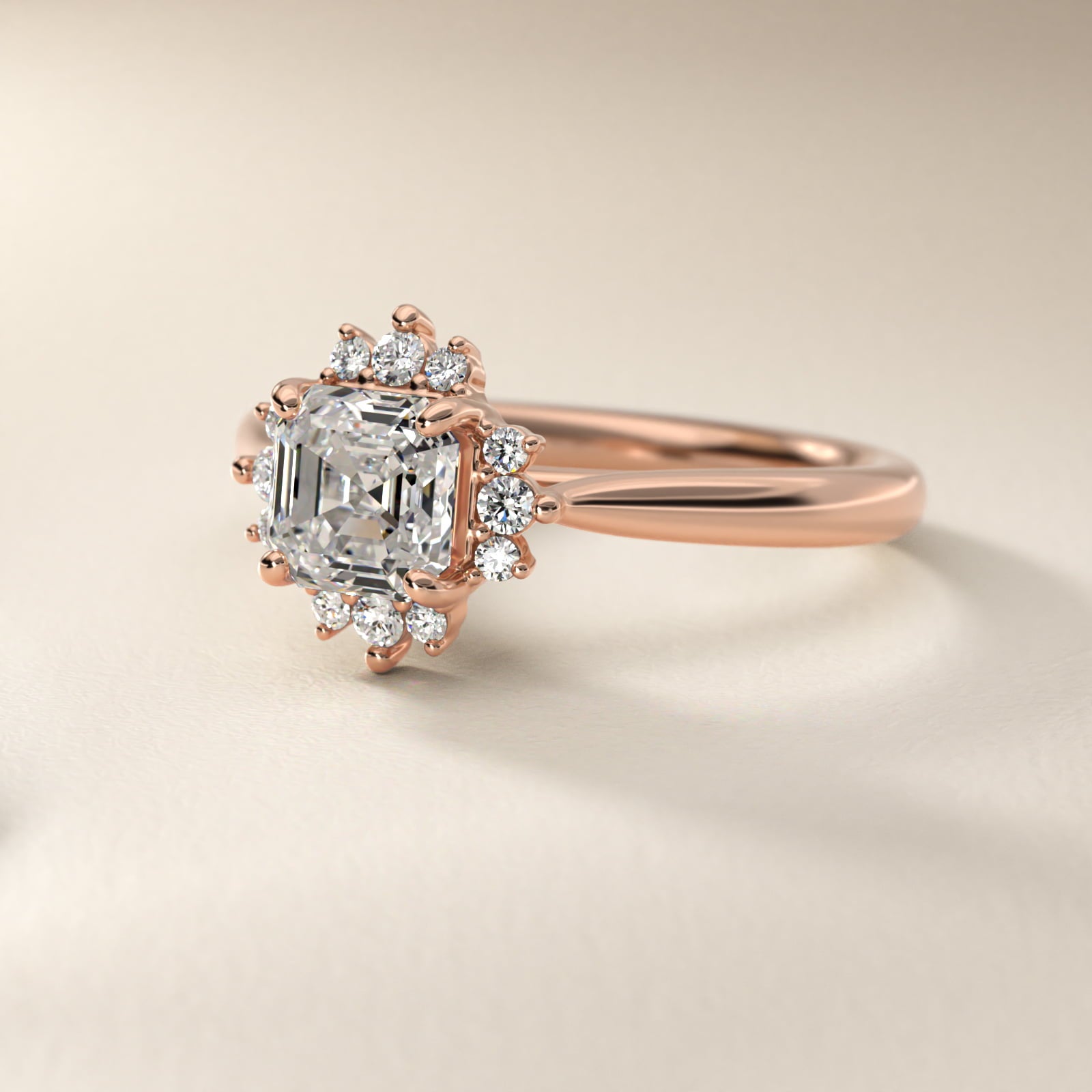 Delicate Ballerina Halo Diamond Engagement Ring in 14k Rose Gold - Asscher Center
