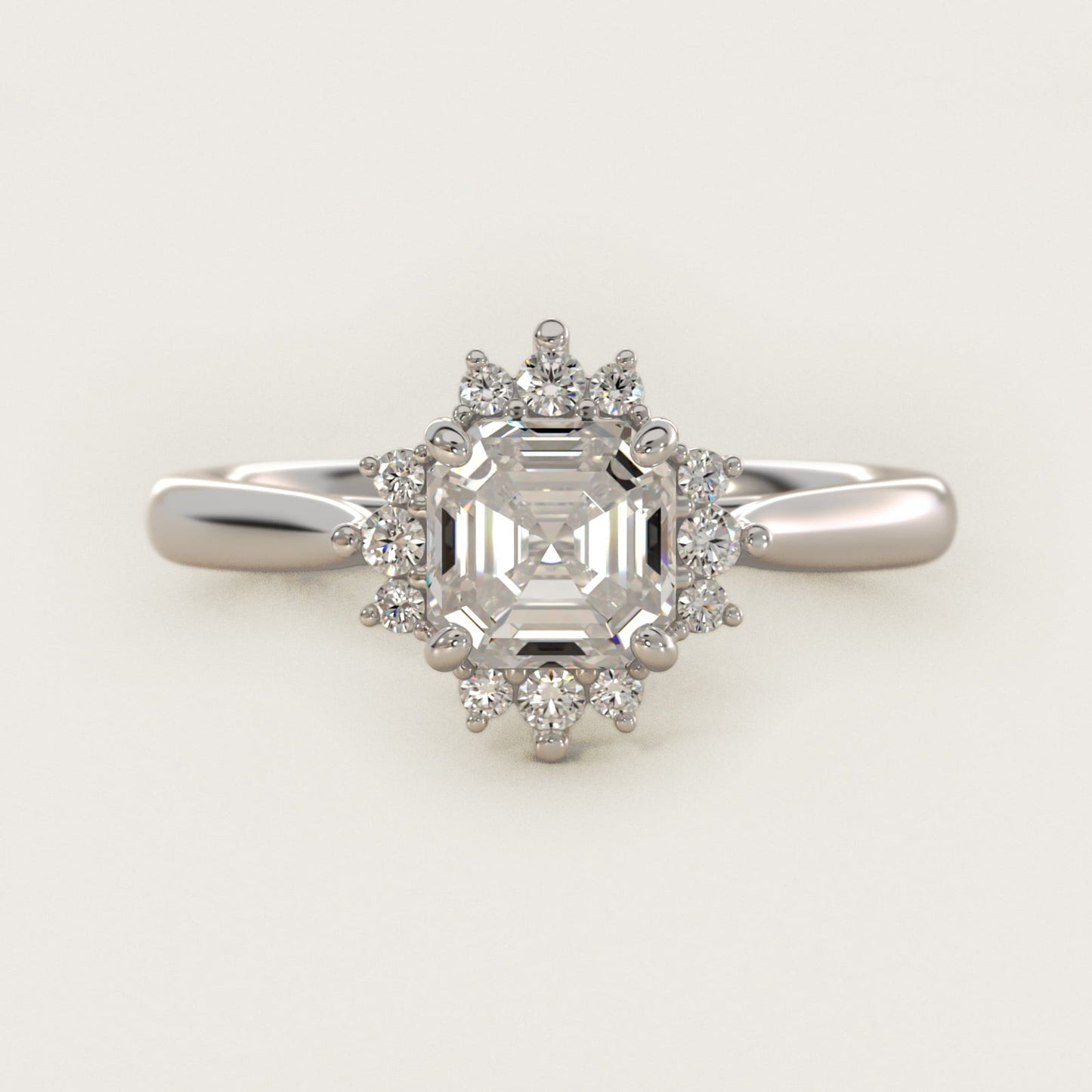 Delicate Ballerina Halo Diamond Engagement Ring in 18k White Gold - Asscher Center