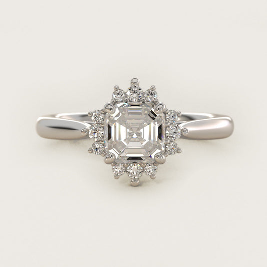 Delicate Ballerina Halo Diamond Engagement Ring in 18k White Gold - Asscher Center