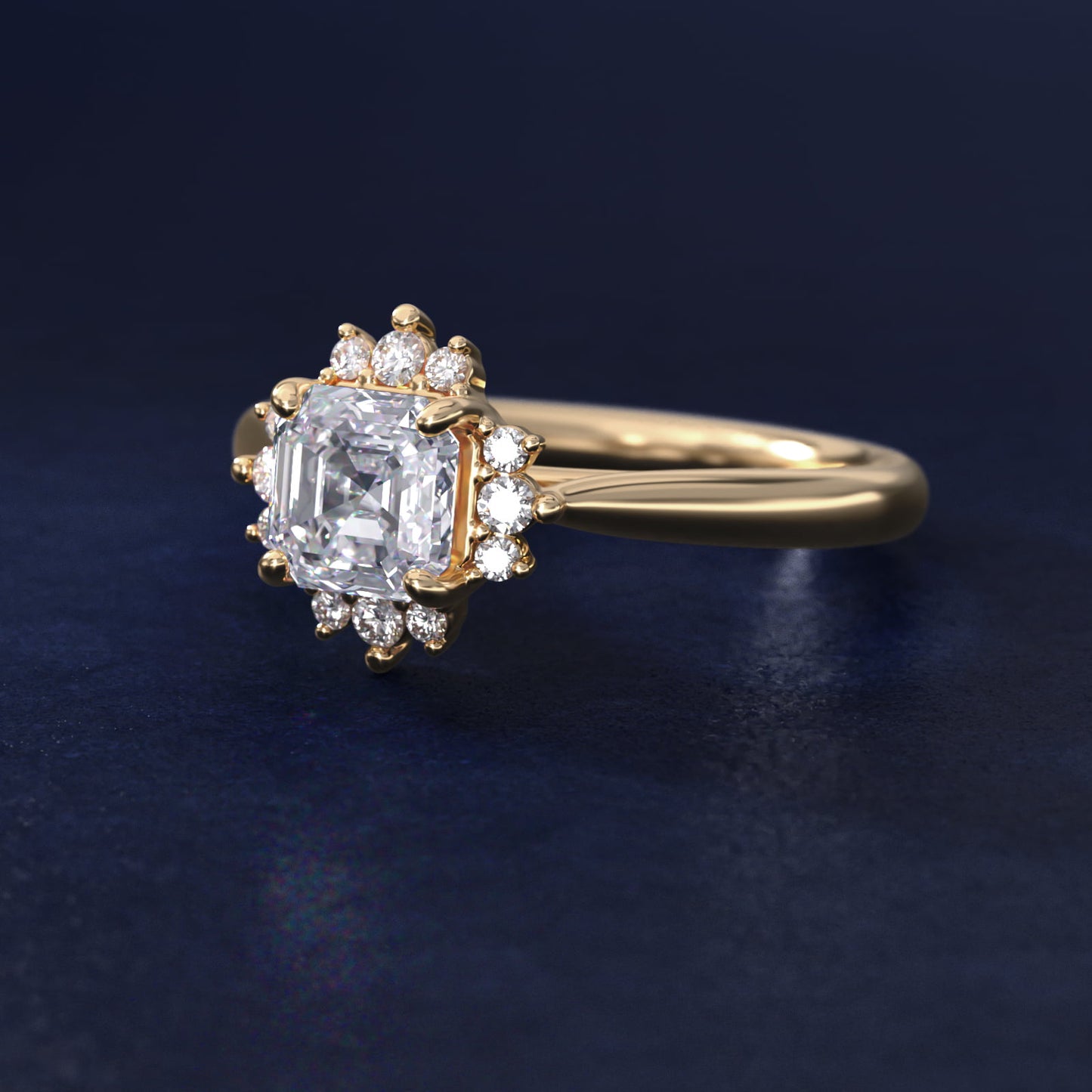 Delicate Ballerina Halo Diamond Engagement Ring in 14k Yellow Gold - Asscher Center