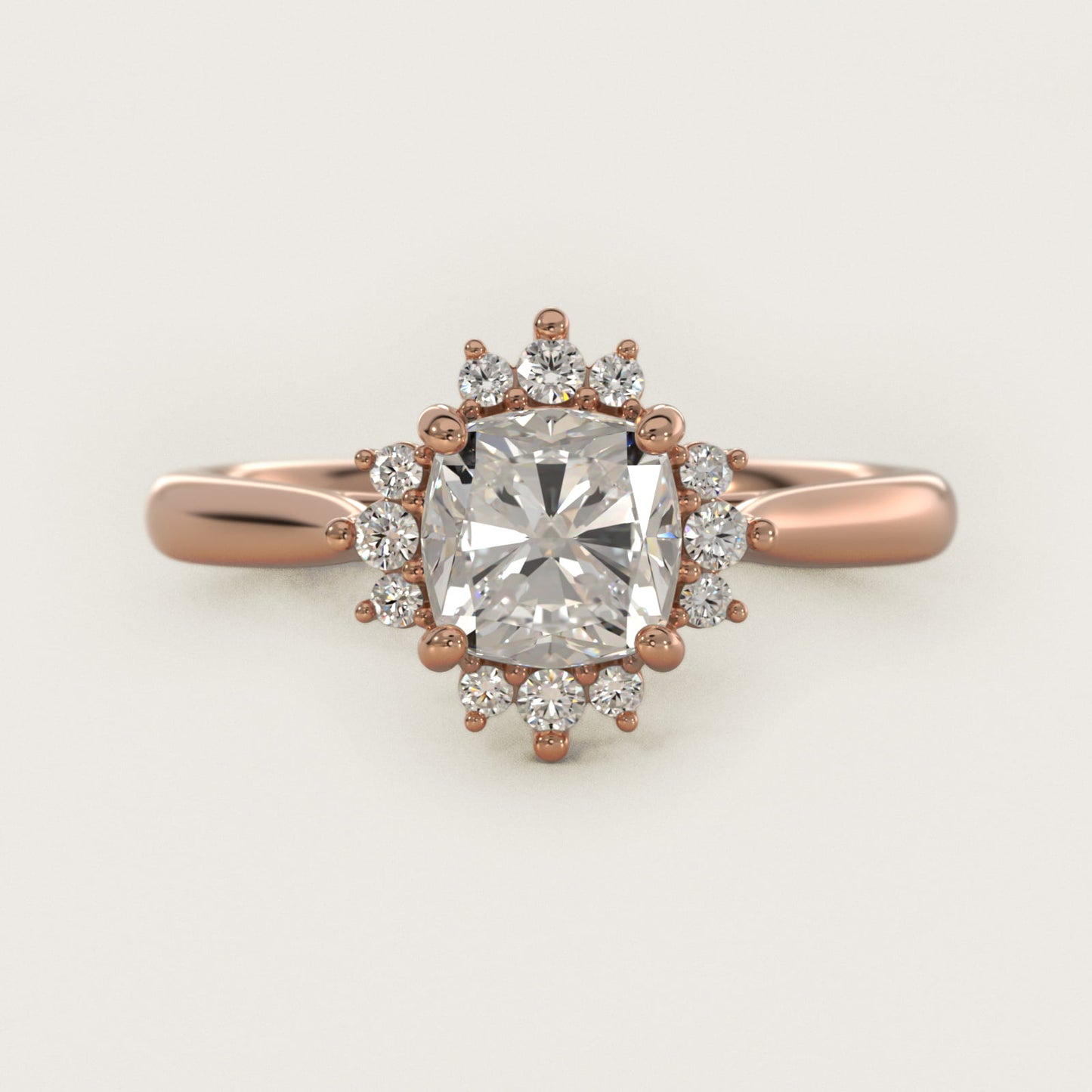Delicate Ballerina Halo Diamond Engagement Ring in 14k Rose Gold - Cushion Center