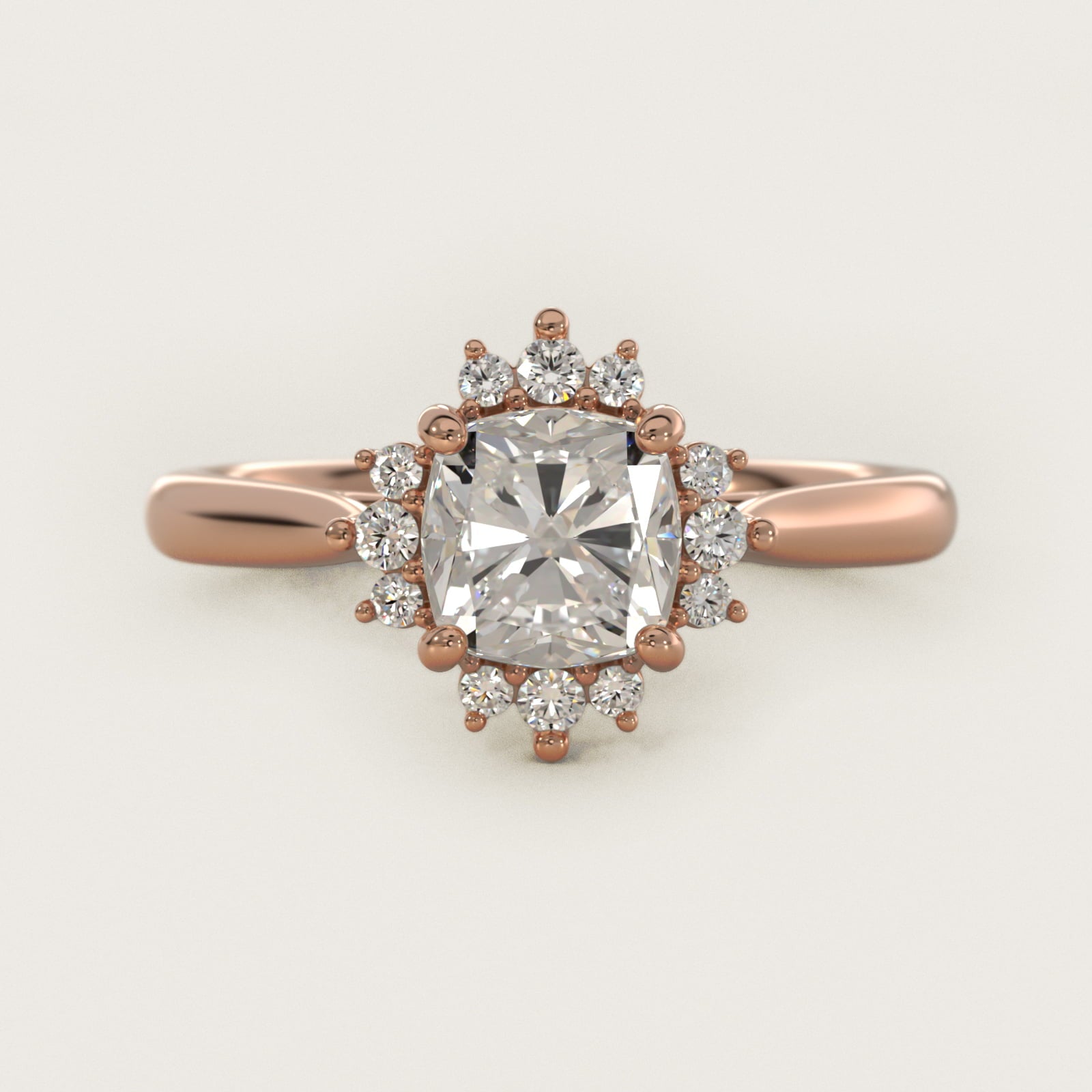 Delicate Ballerina Halo Diamond Engagement Ring in 14k Rose Gold - Cushion Center