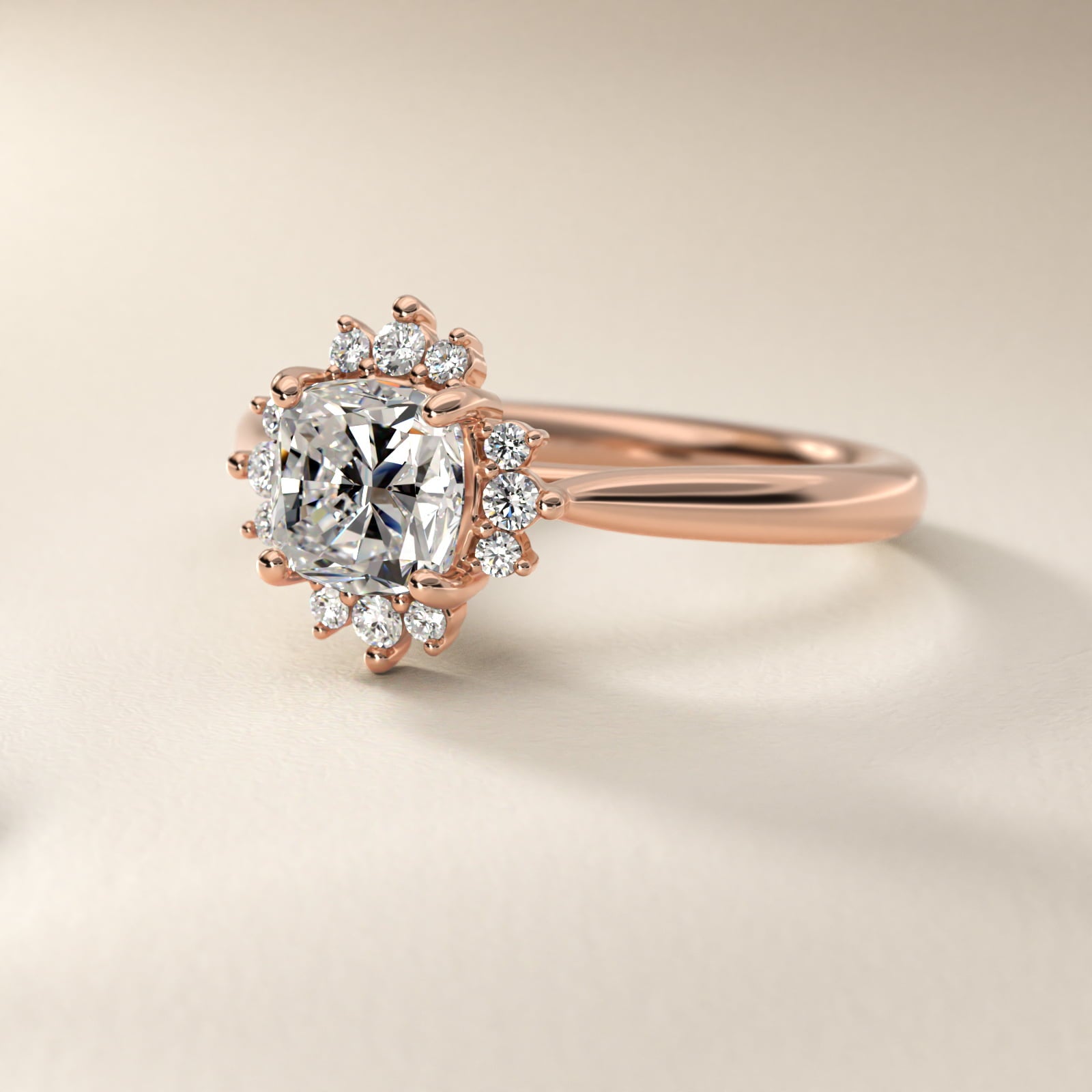 Delicate Ballerina Halo Diamond Engagement Ring in 14k Rose Gold - Cushion Center