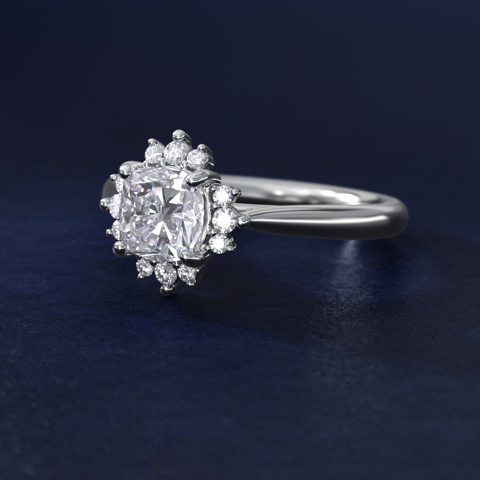Delicate Ballerina Halo Diamond Engagement Ring in 14k White Gold - Cushion Center