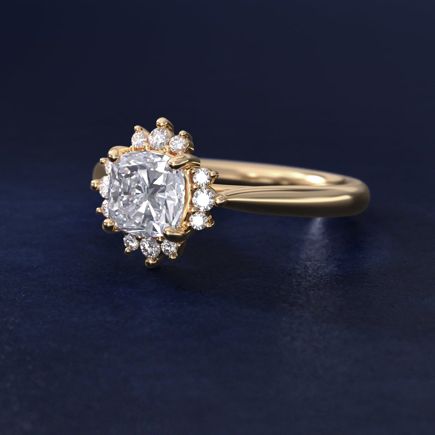 Delicate Ballerina Halo Diamond Engagement Ring in 18k Yellow Gold - Cushion Center