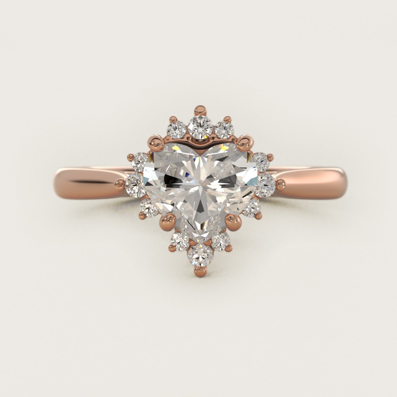Delicate Ballerina Halo Diamond Engagement Ring in 14k Rose Gold - Heart Center