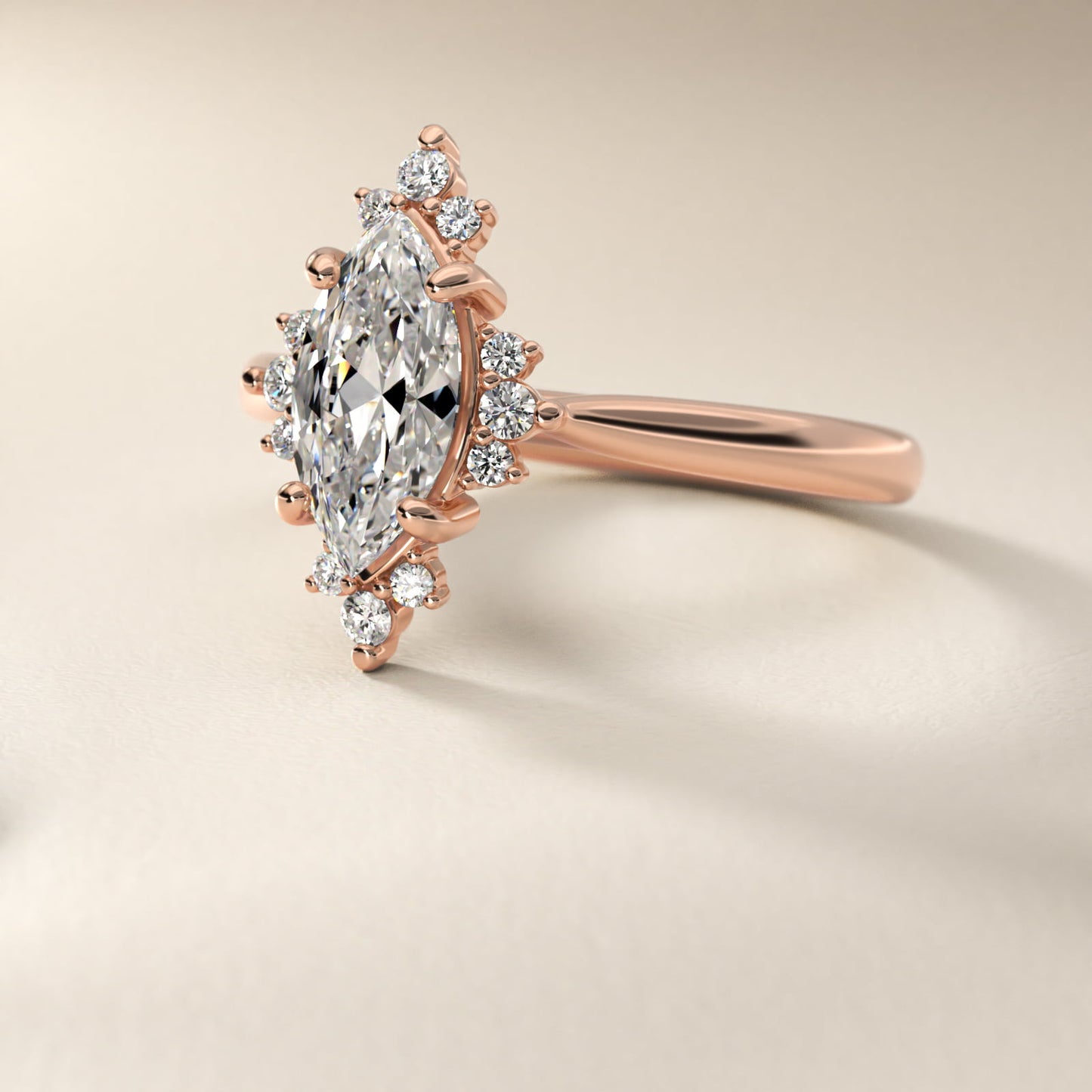 Delicate Ballerina Halo Diamond Engagement Ring in 14k Rose Gold - Marquise Center