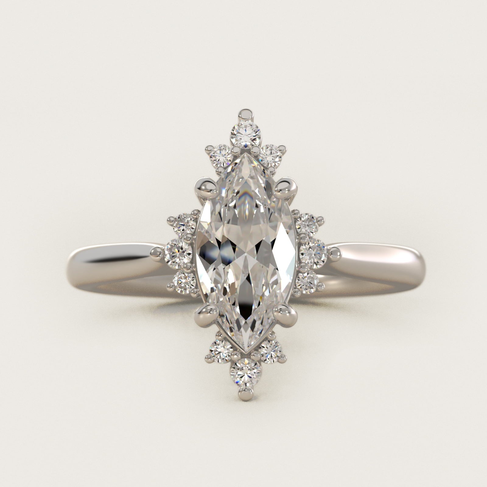 Delicate Ballerina Halo Diamond Engagement Ring in 14k White Gold - Marquise Center