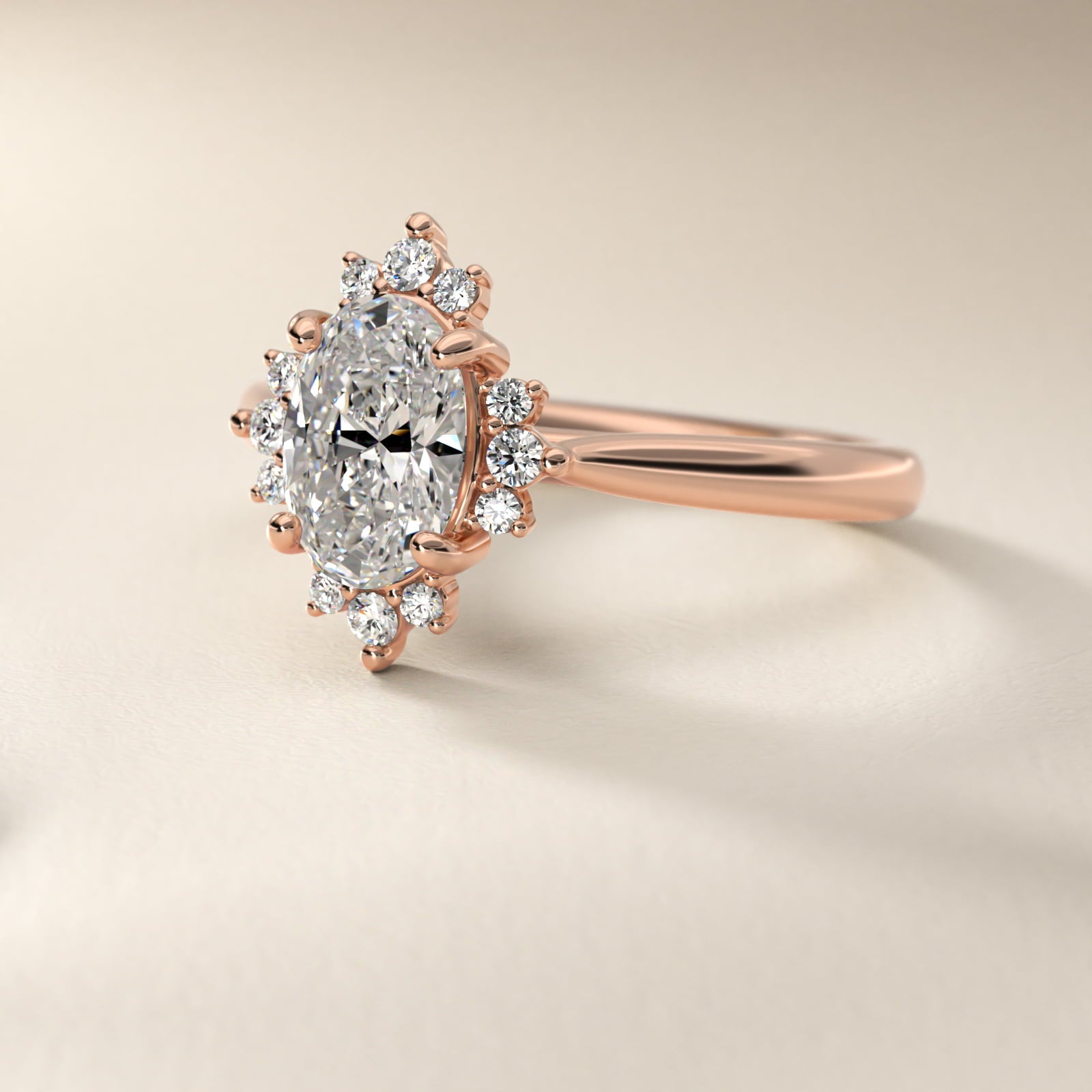 Delicate Ballerina Halo Diamond Engagement Ring in 14k Rose Gold - Oval Center