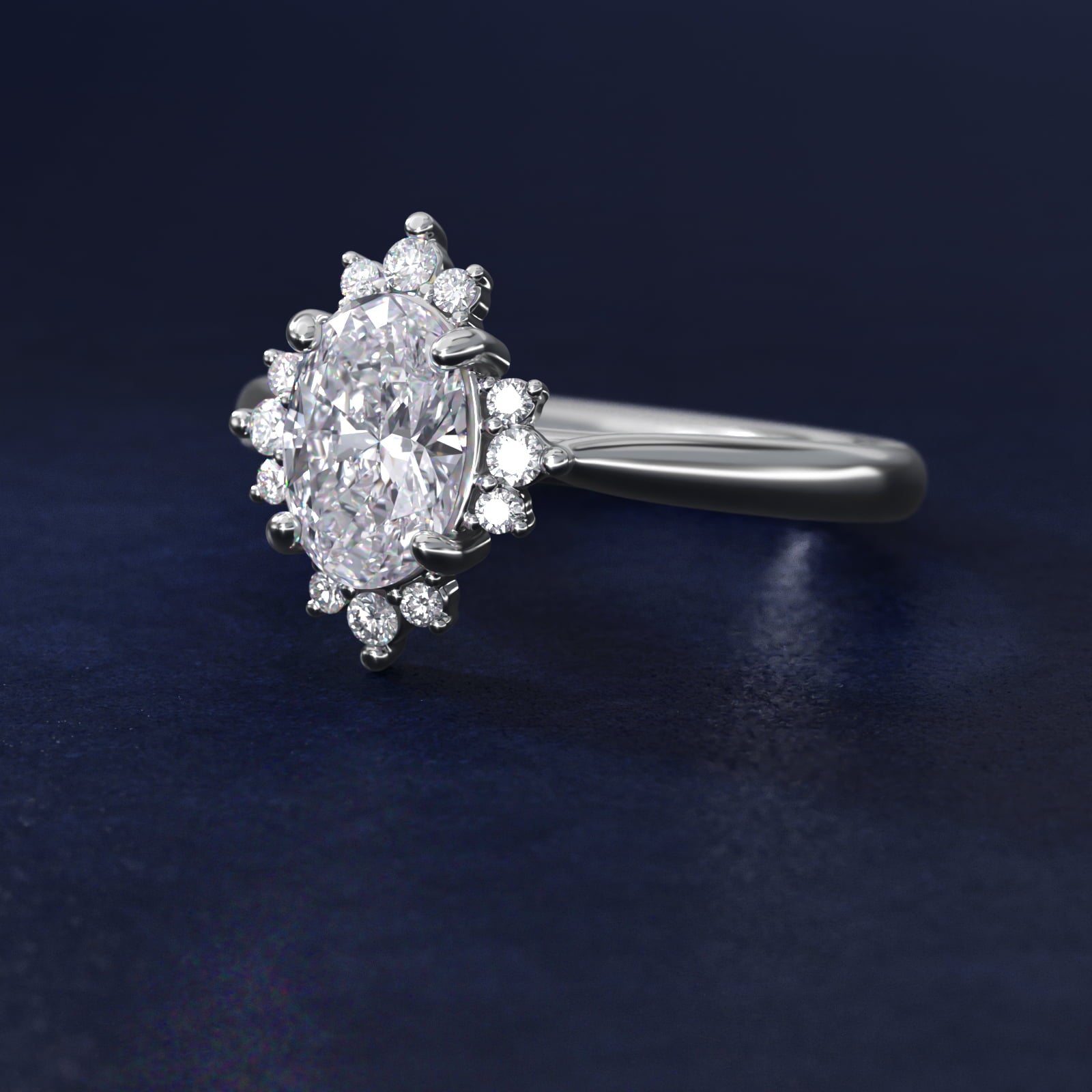 Delicate Ballerina Halo Diamond Engagement Ring in 14k White Gold - Oval Center