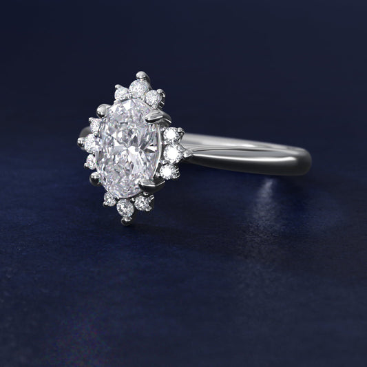 Delicate Ballerina Halo Diamond Engagement Ring in 18k White Gold - Oval Center
