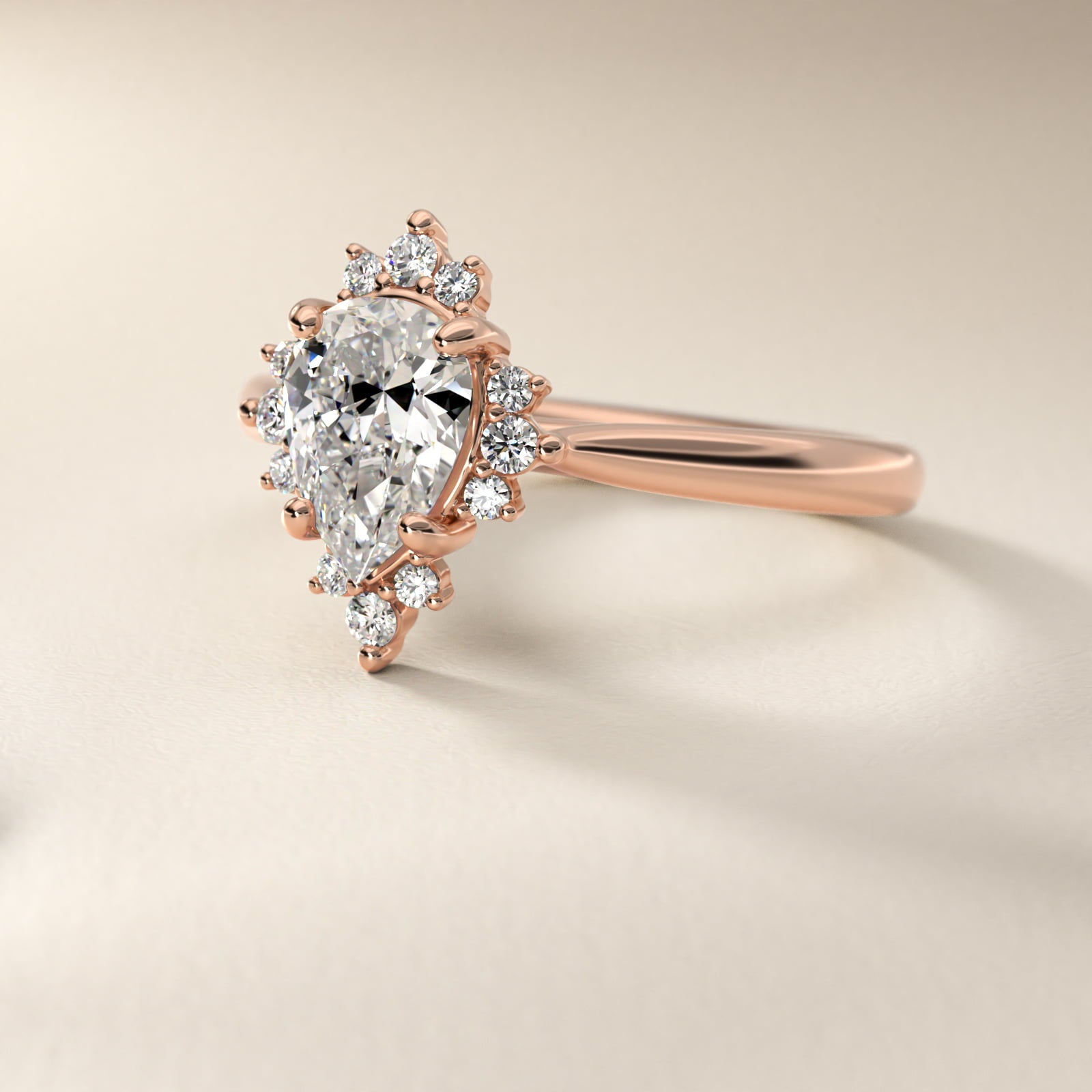 Delicate Ballerina Halo Diamond Engagement Ring in 14k Rose Gold - Pear Center