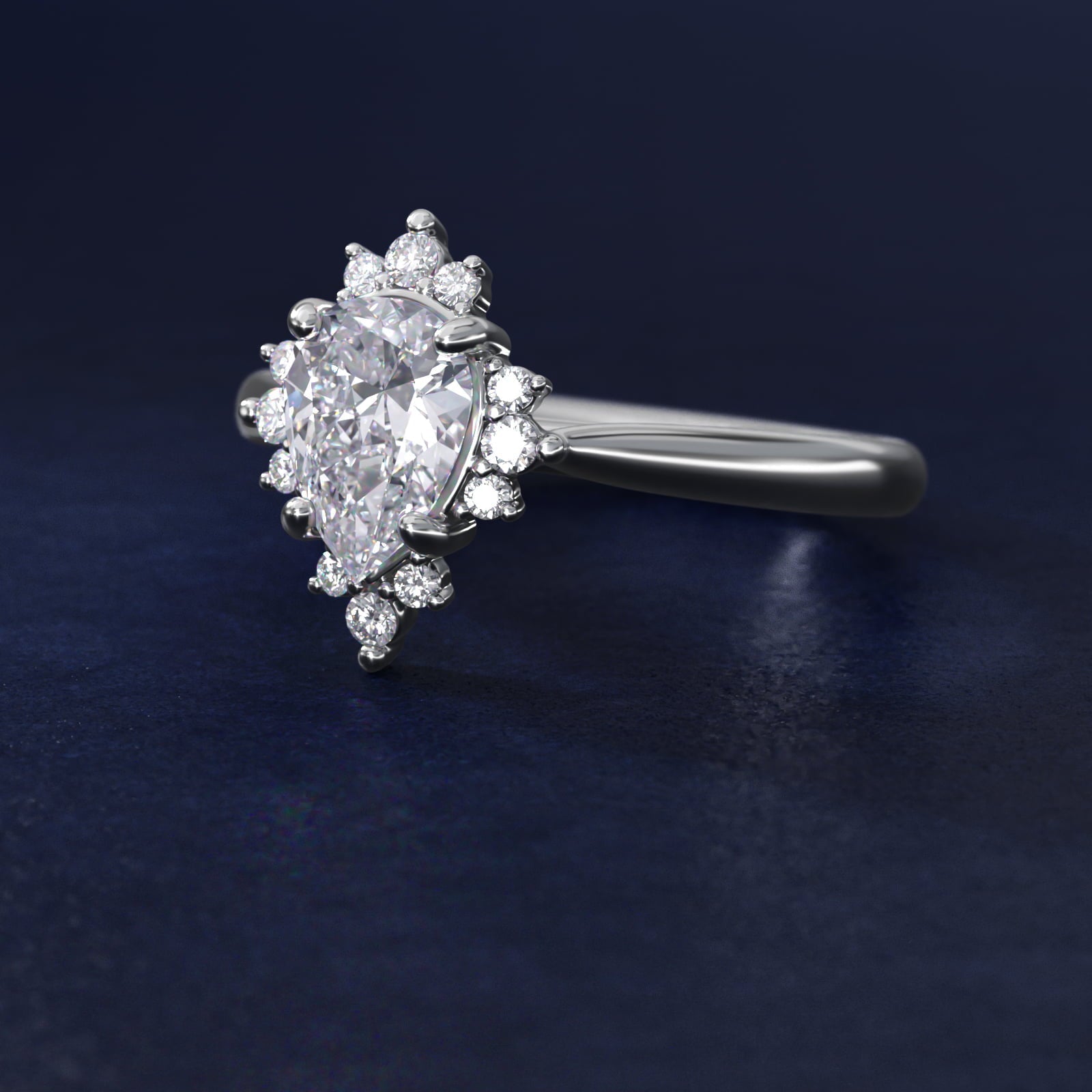 Delicate Ballerina Halo Diamond Engagement Ring in 18k White Gold - Pear Center