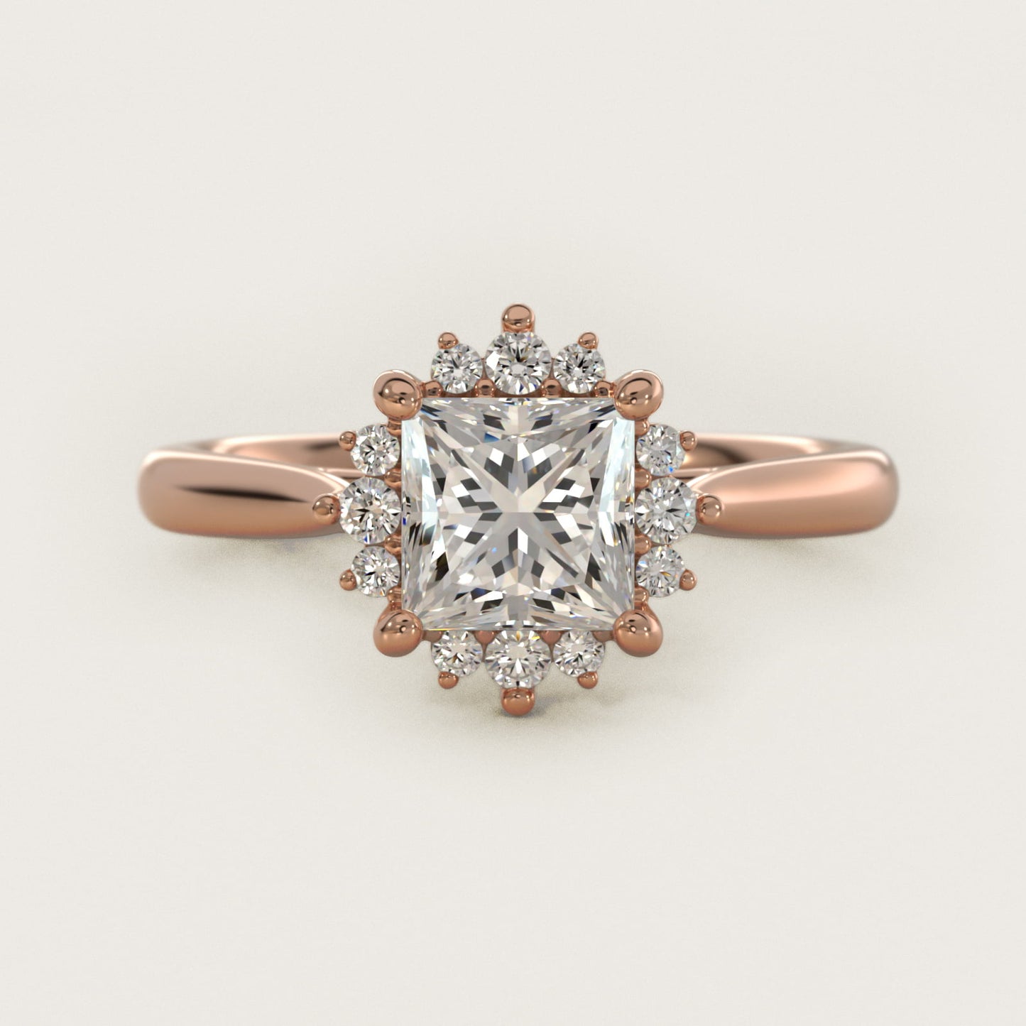 Delicate Ballerina Halo Diamond Engagement Ring in 14k Rose Gold - Princess Center