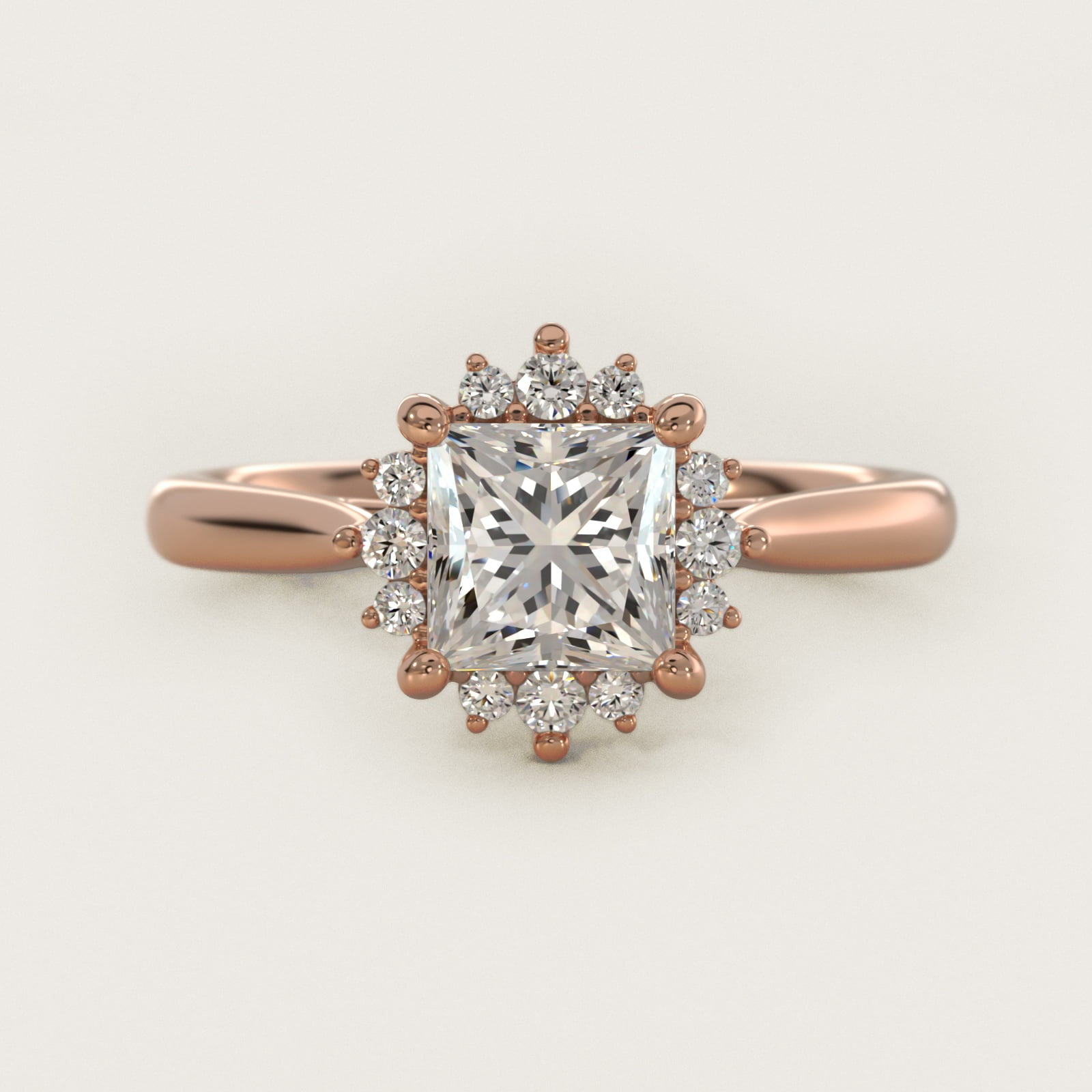 Delicate Ballerina Halo Diamond Engagement Ring in 14k Rose Gold - Princess Center