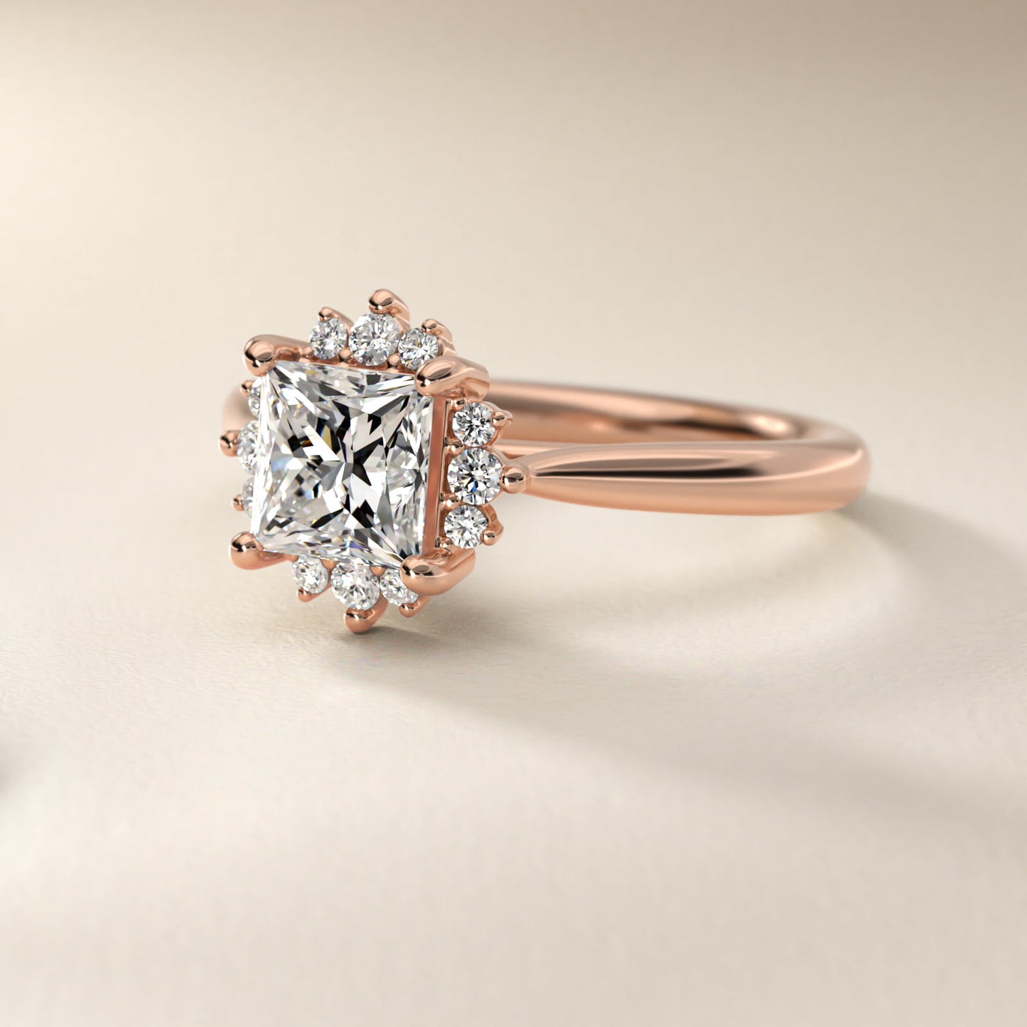 Delicate Ballerina Halo Diamond Engagement Ring in 14k Rose Gold - Princess Center