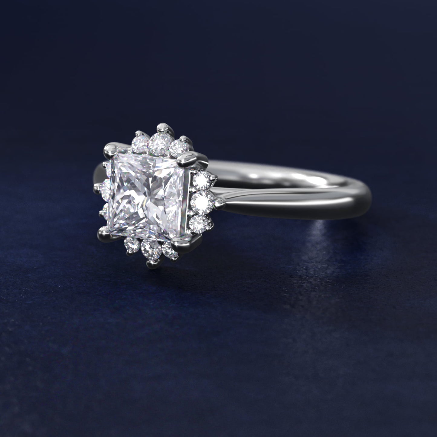 Delicate Ballerina Halo Diamond Engagement Ring in 14k White Gold - Princess Center