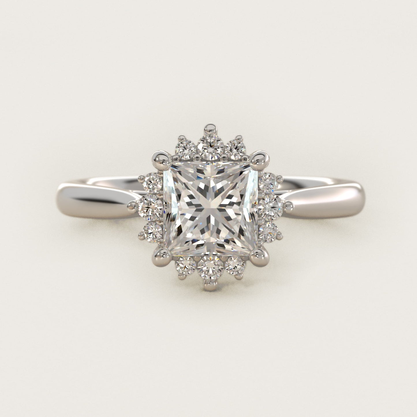 Delicate Ballerina Halo Diamond Engagement Ring in 14k White Gold - Princess Center
