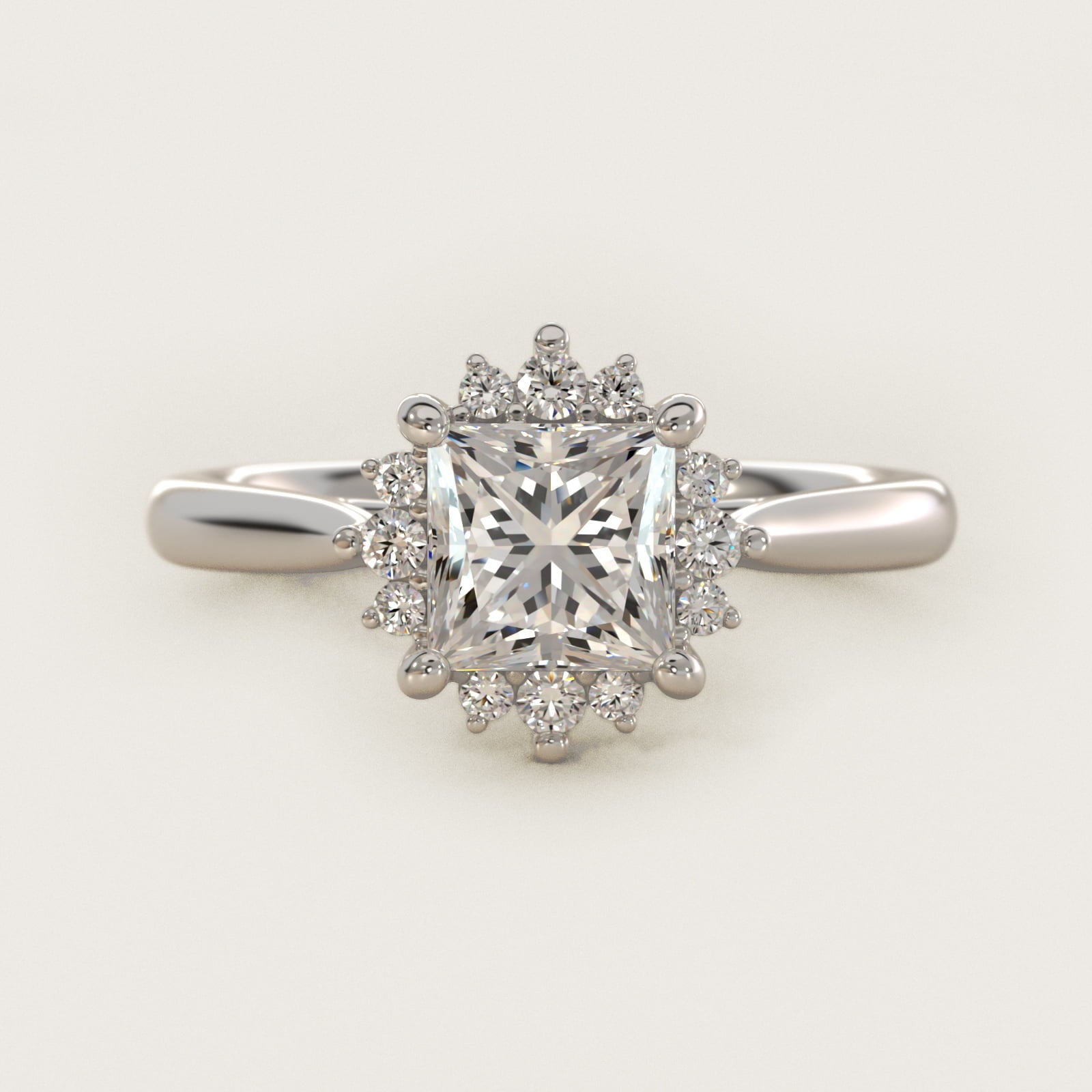 Delicate Ballerina Halo Diamond Engagement Ring in 14k White Gold - Princess Center