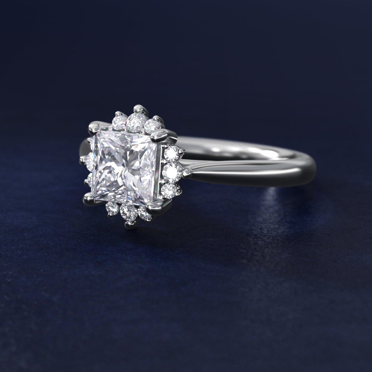 Delicate Ballerina Halo Diamond Engagement Ring in Platinum - Princess Center