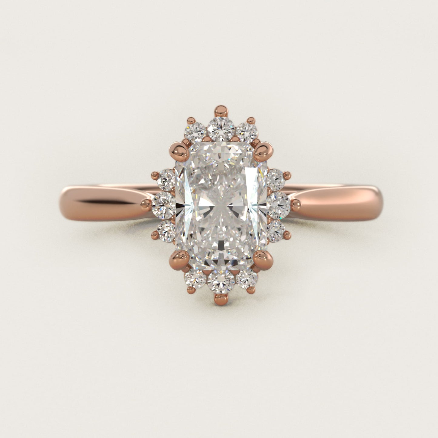 Delicate Ballerina Halo Diamond Engagement Ring in 14k Rose Gold - Radiant Center
