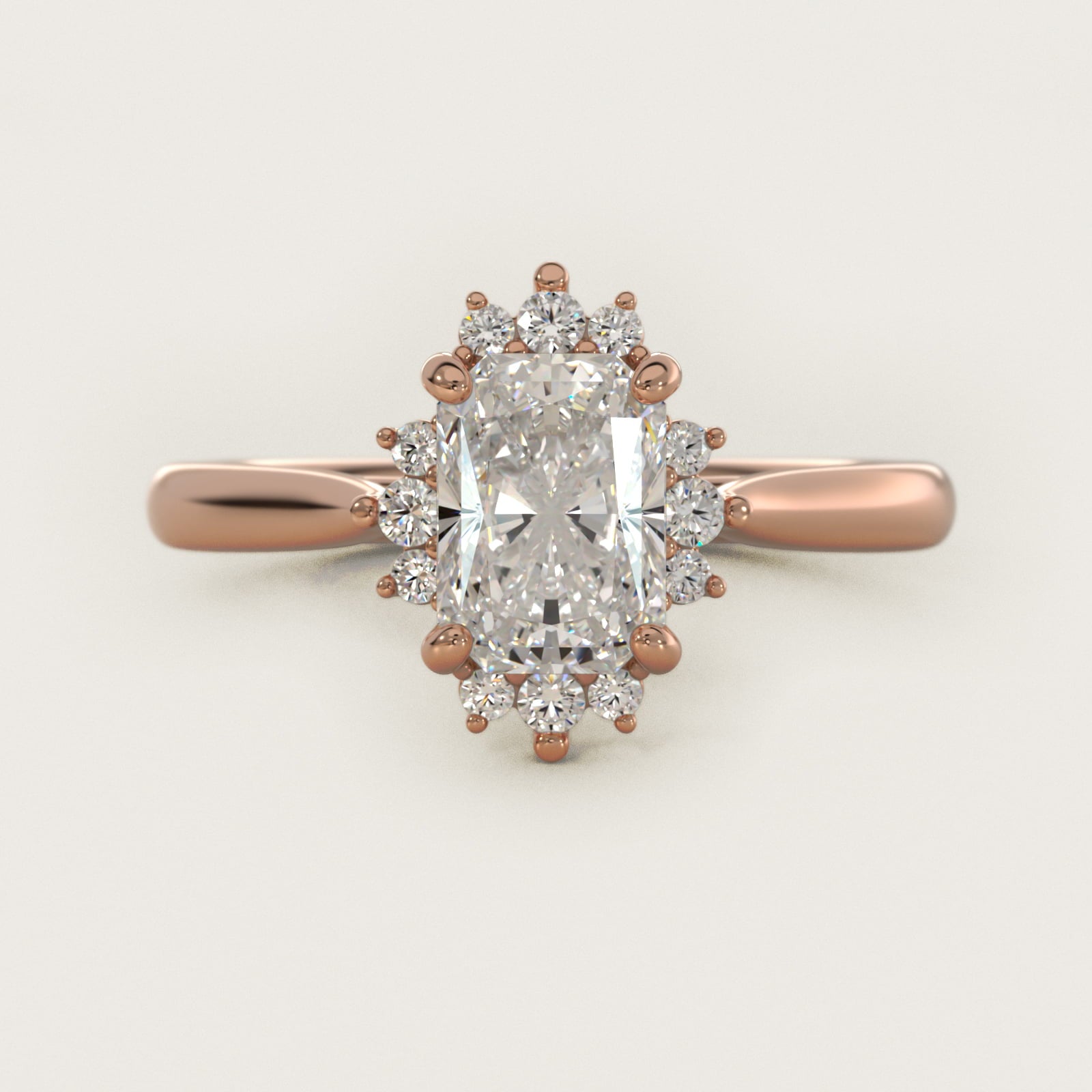 Delicate Ballerina Halo Diamond Engagement Ring in 14k Rose Gold - Radiant Center