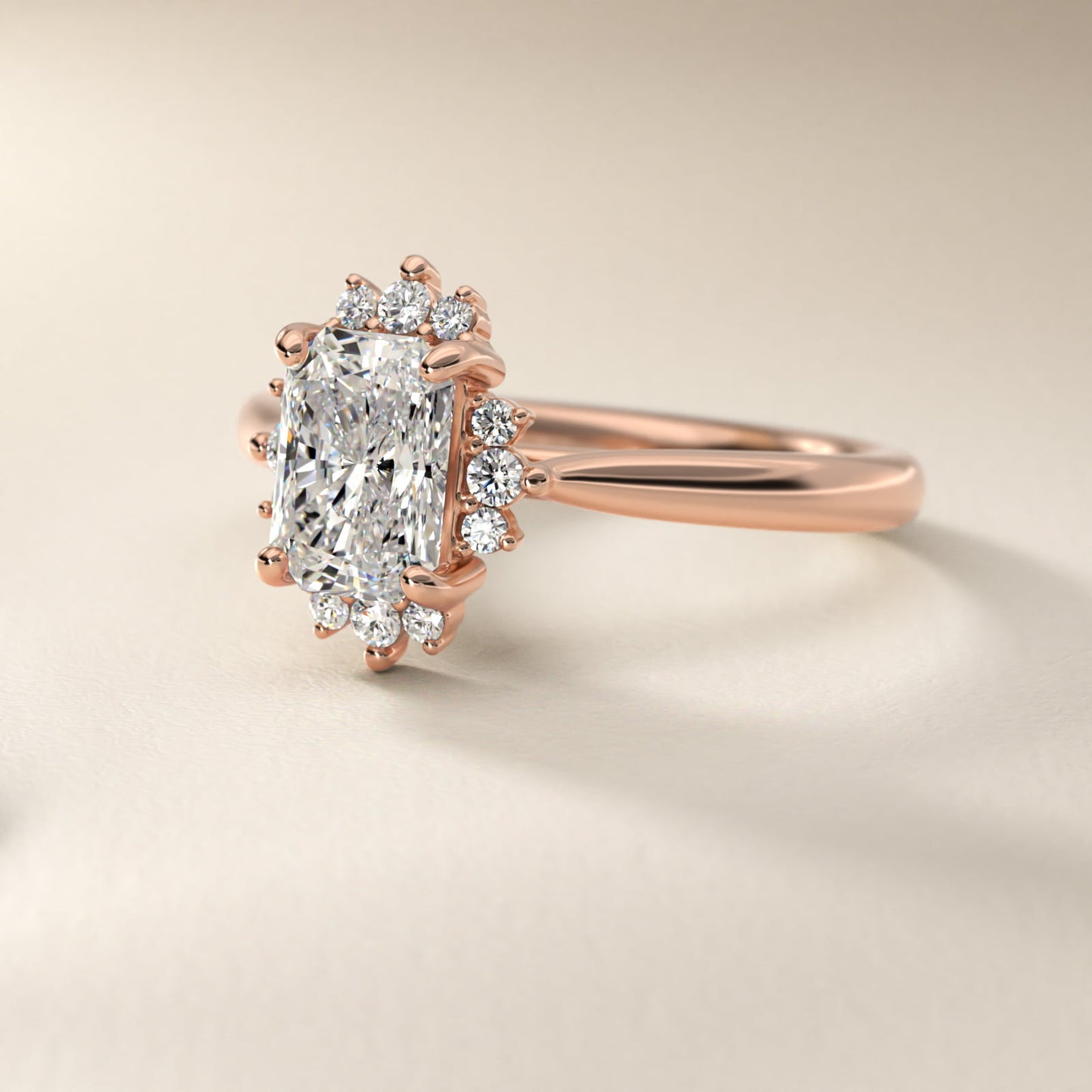 Delicate Ballerina Halo Diamond Engagement Ring in 14k Rose Gold - Radiant Center