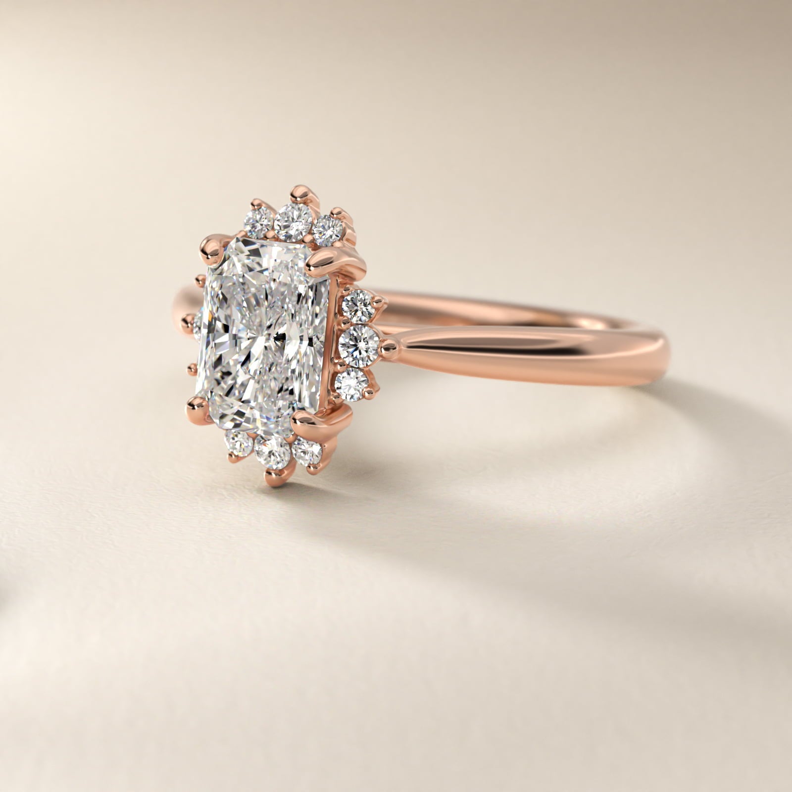 Delicate Ballerina Halo Diamond Engagement Ring in 14k Rose Gold - Radiant Center