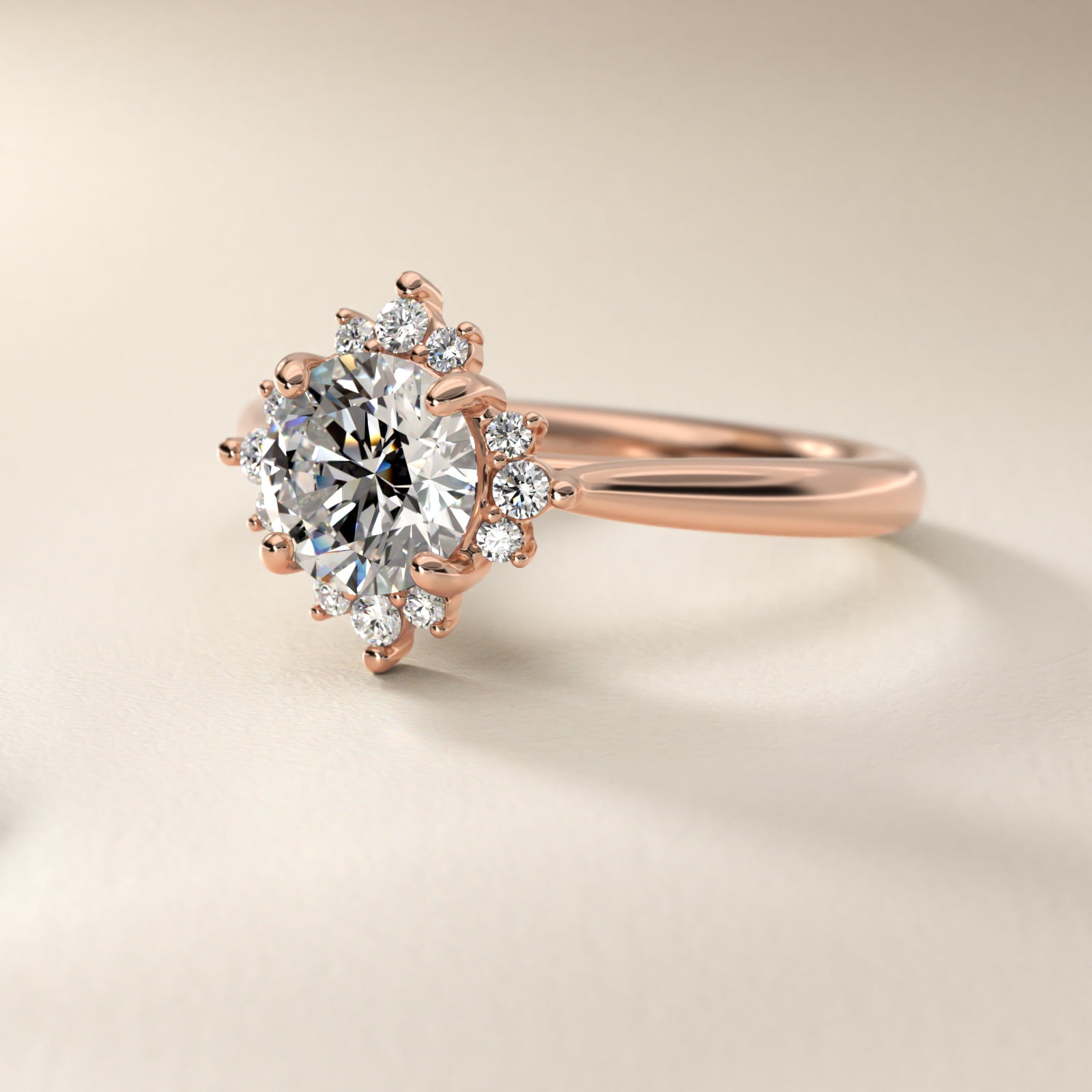 Delicate Ballerina Halo Diamond Engagement Ring in 14k Rose Gold - Round Center