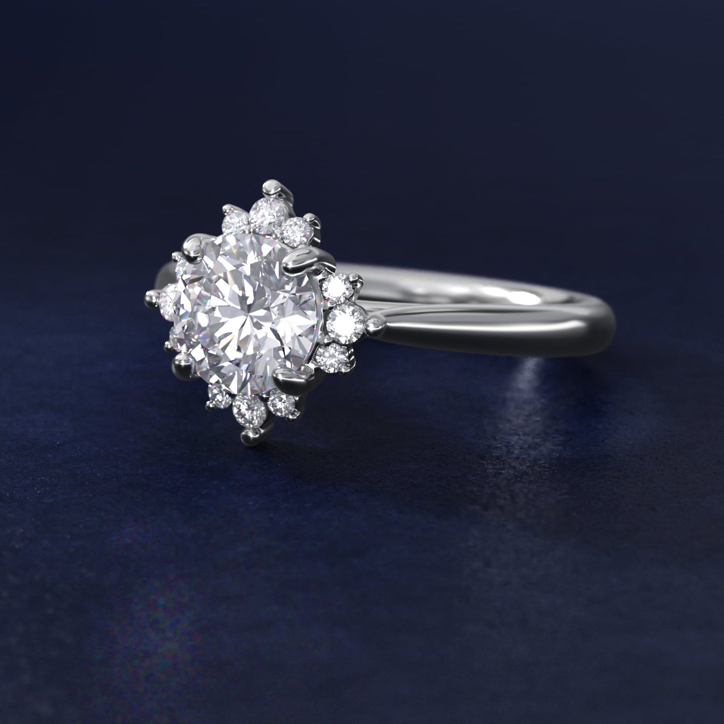 Delicate Ballerina Halo Diamond Engagement Ring in 14k White Gold - Round Center