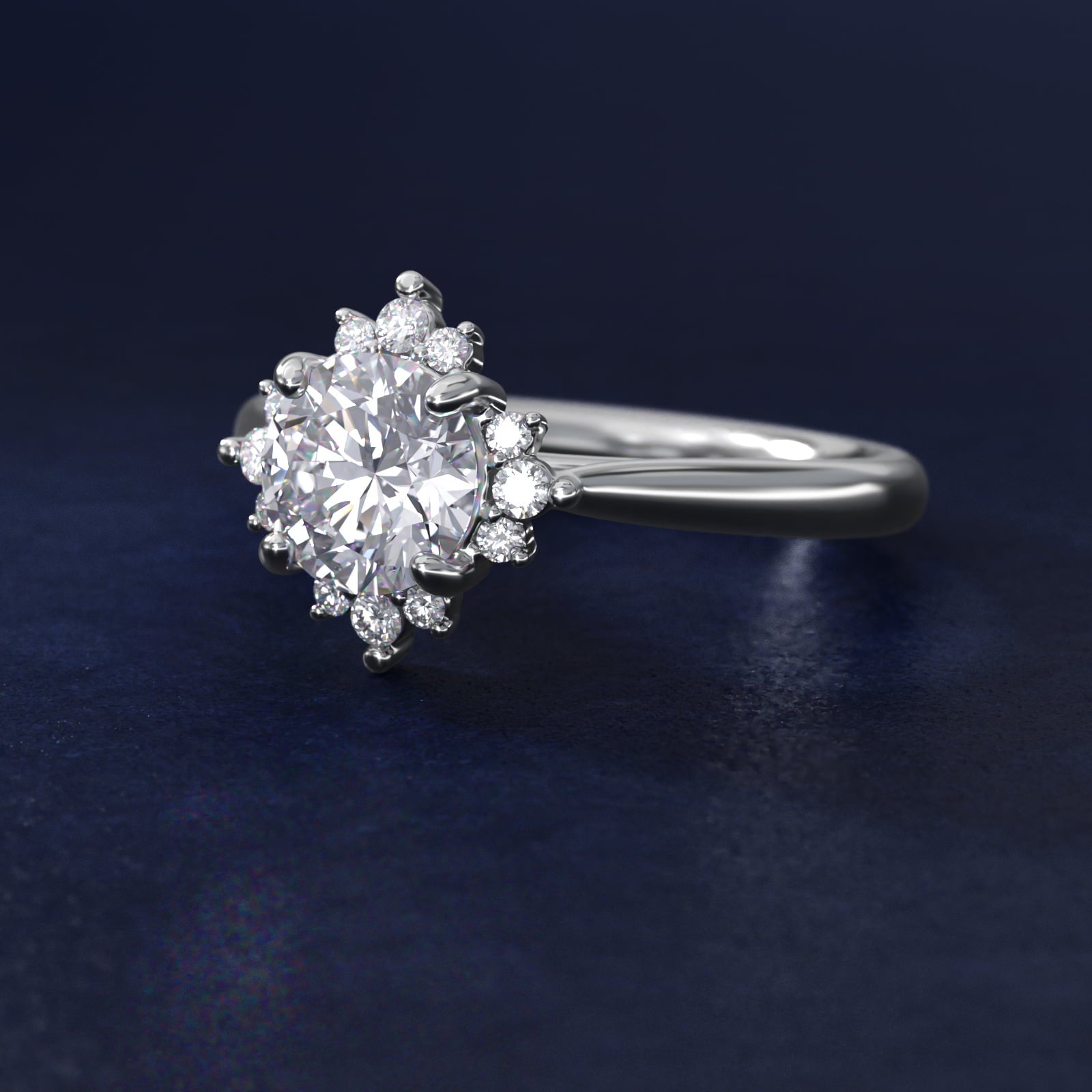 Delicate Ballerina Halo Diamond Engagement Ring in 14k White Gold - Round Center